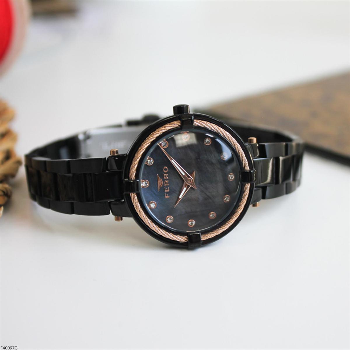 Ferro F40097G 35 mm Siyah Çelik Kordon Analog Kadın Kol Saati