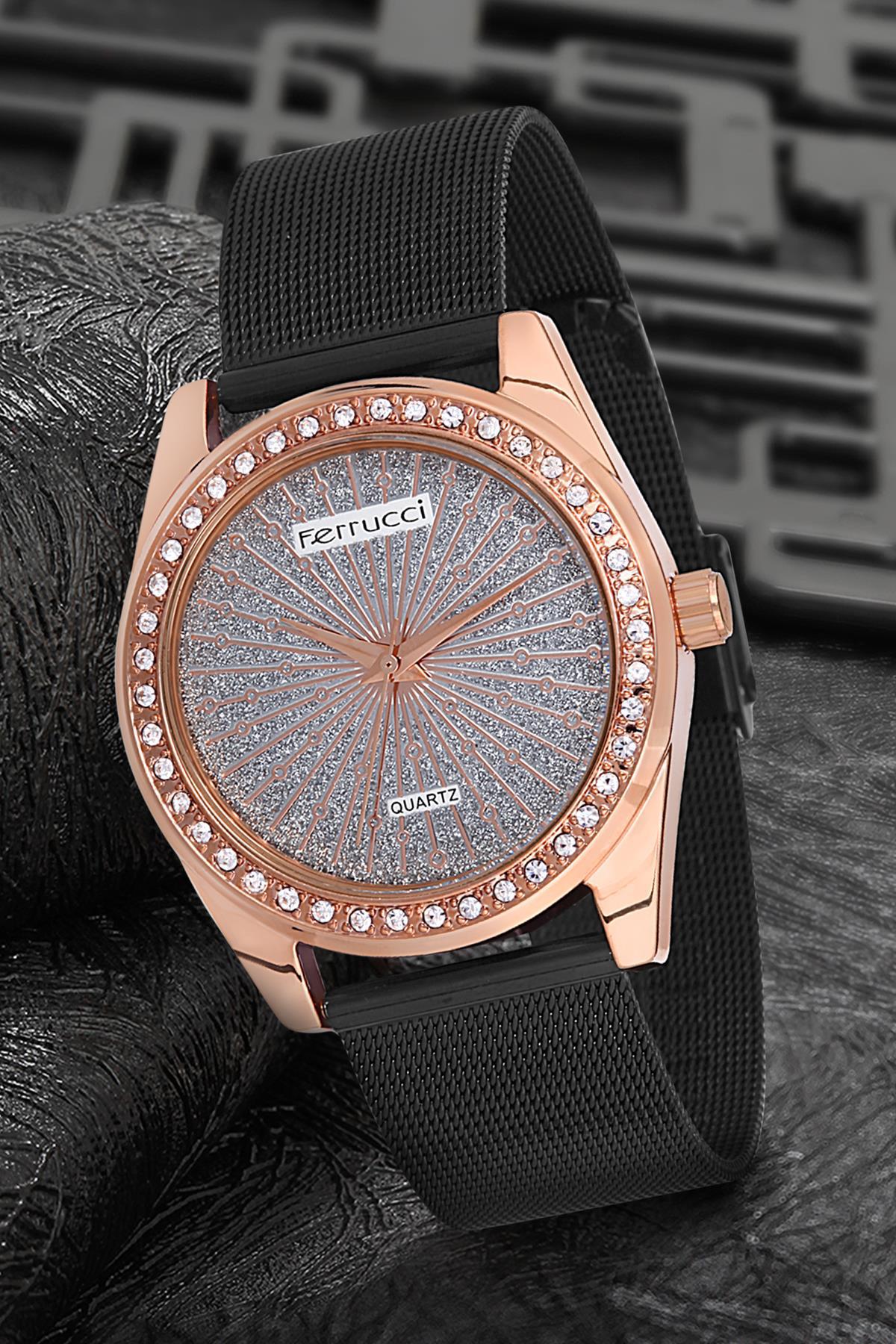 Ferrucci 9FM1522 38 mm Siyah Çelik-Hasır Kordon Analog Kadın Kol Saati