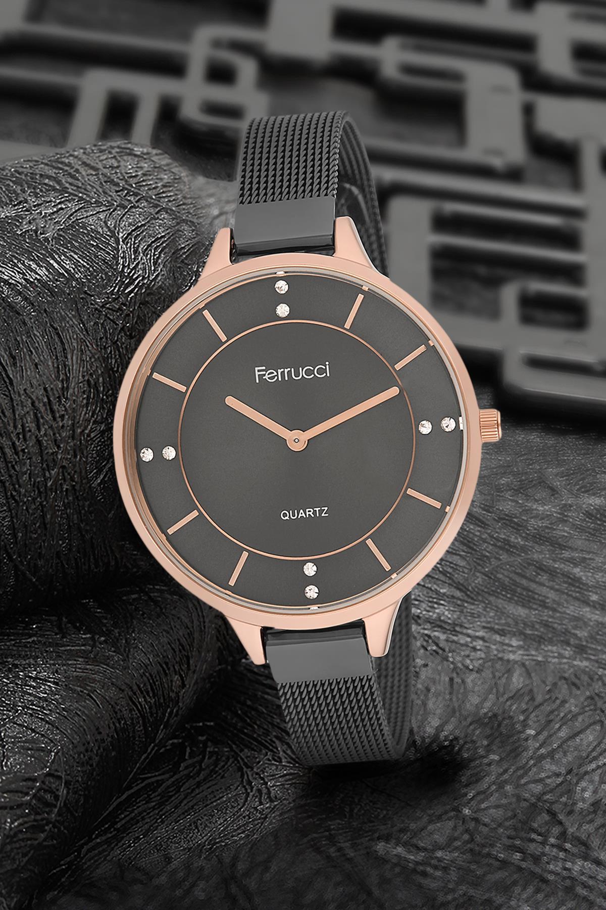 Ferrucci 9FM2429 38 mm Siyah Çelik-Hasır Kordon Analog Kadın Kol Saati
