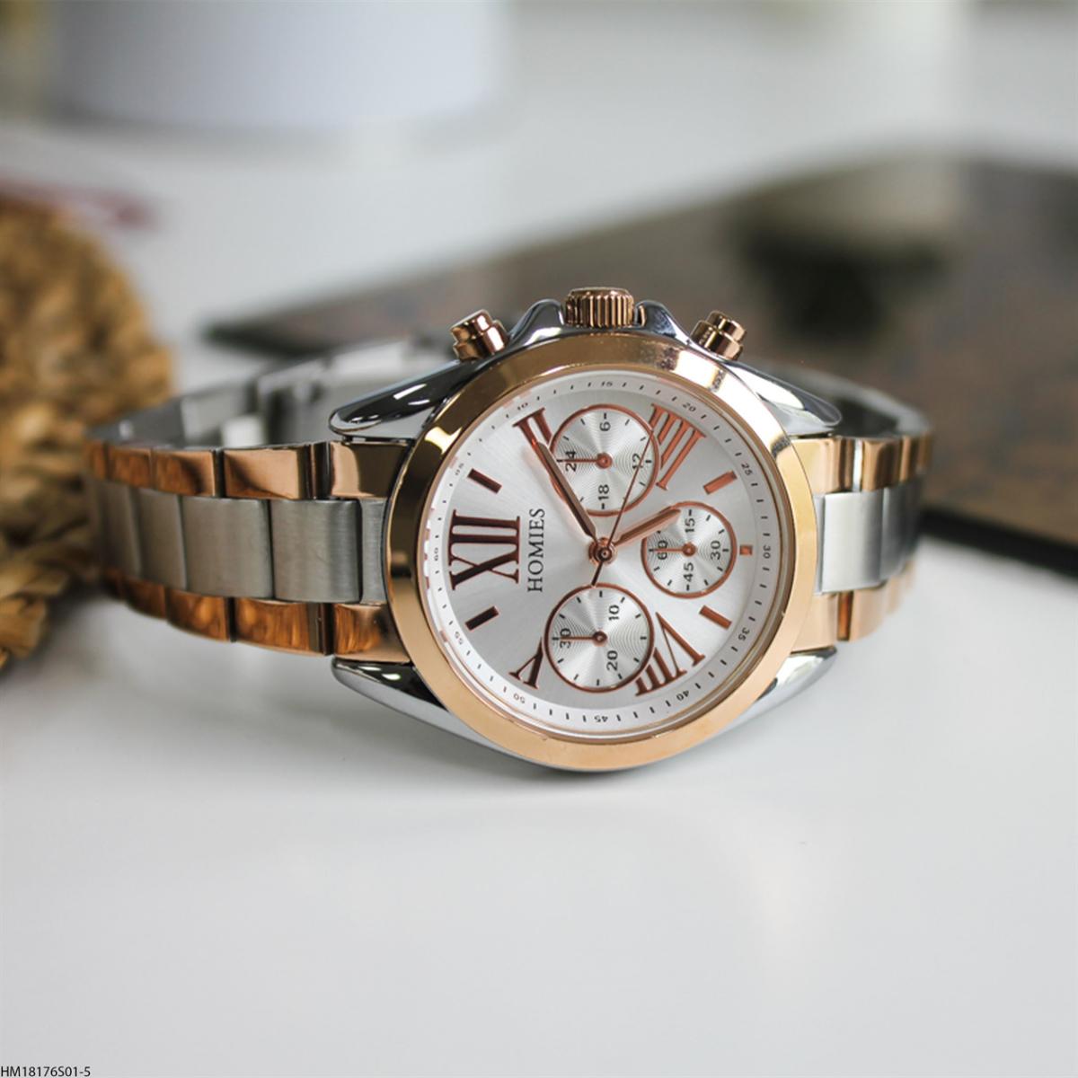 Homies HM18176S01-5 Takvimli 34 mm Gri-Rose Gold Çelik Kordon Analog Kadın Kol Saati