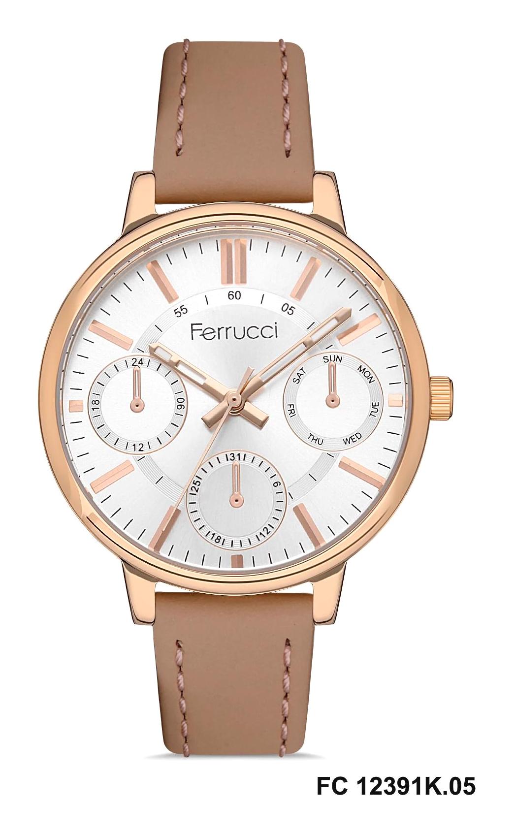 Ferrucci FC.0123.12391K.05 Takvimli 36 mm Pembe Deri Kordon Analog Kadın Kol Saati