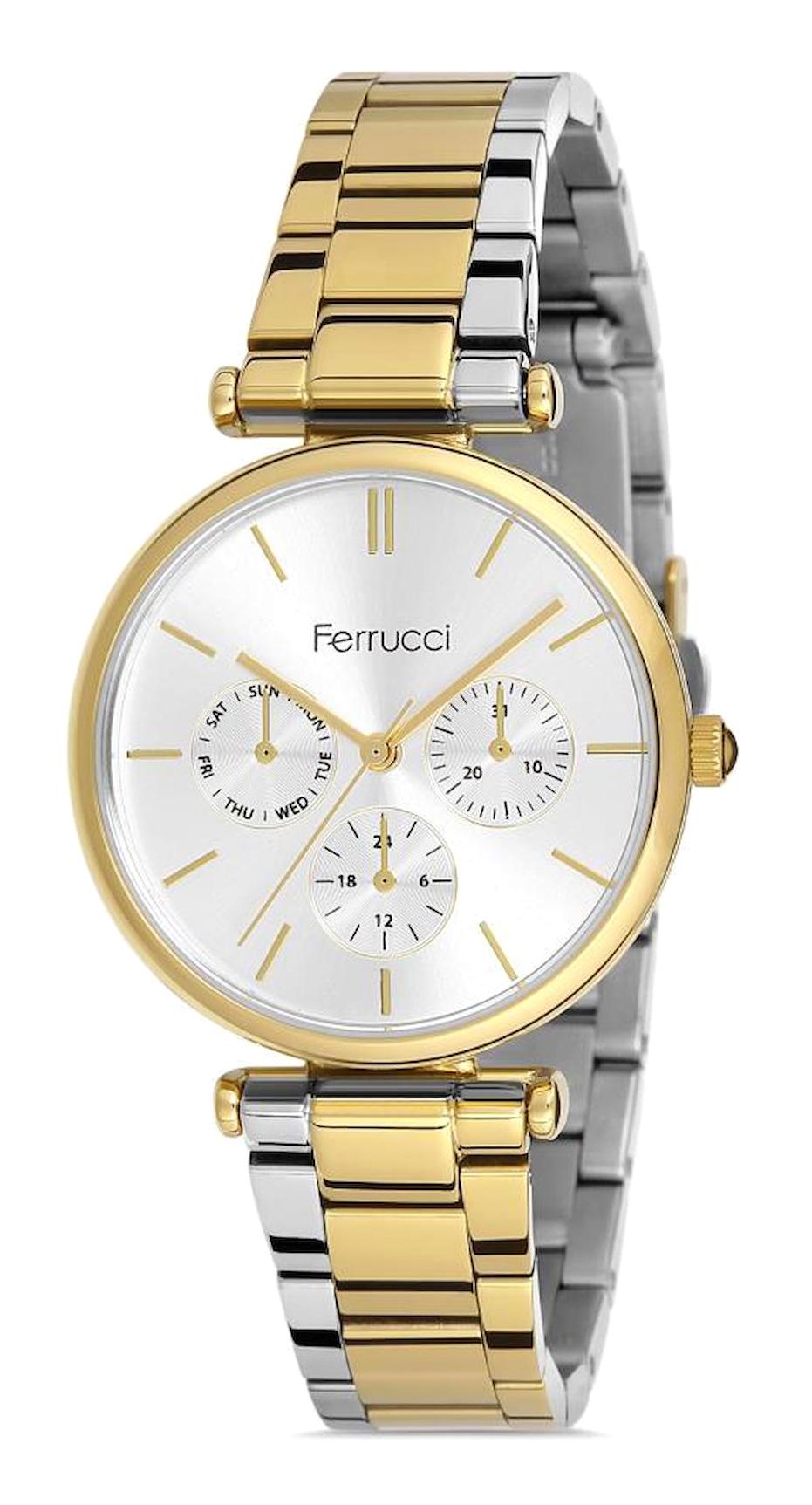 Ferrucci FC.0522.12964M.04 Takvimli 35 mm Altın-Gri Metal Kordon Analog Kadın Kol Saati