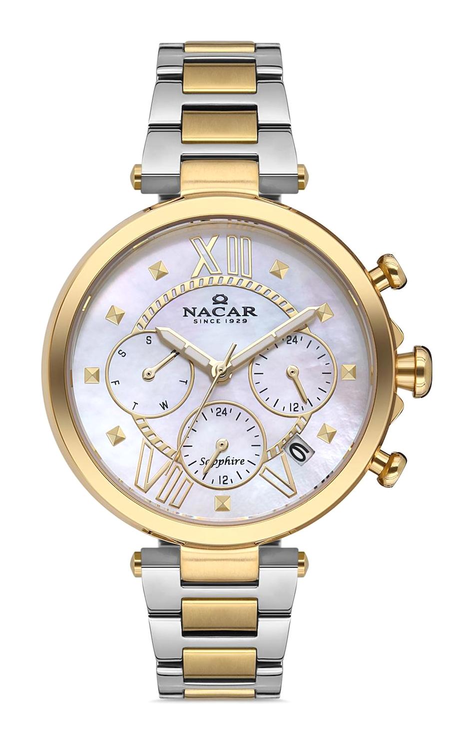 Nacar NC38-396296-CWM Takvimli 36 mm Altın-Gri Çelik Kordon Analog Kadın Kol Saati