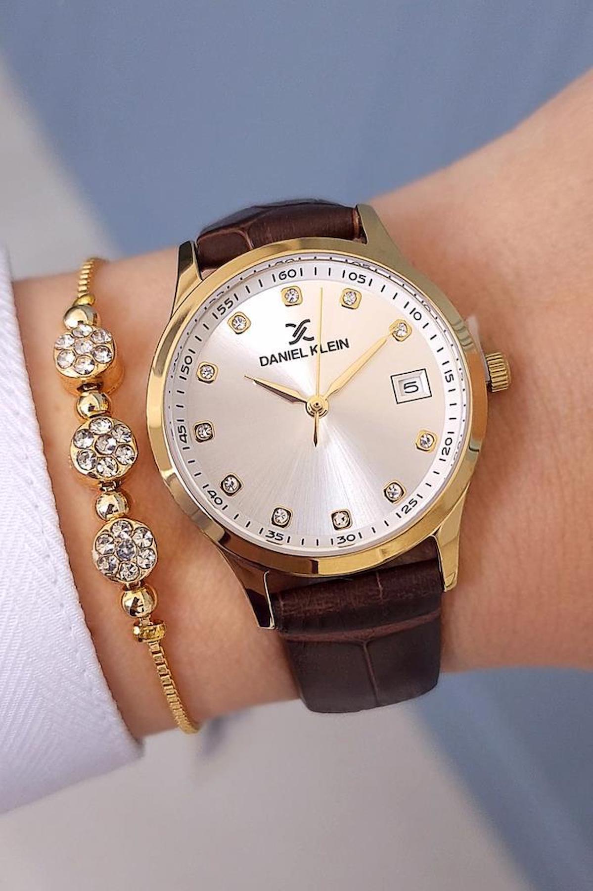 Daniel Klein Takvimli 32 mm Kahverengi Deri Kordon Analog Kadın Kol Saati