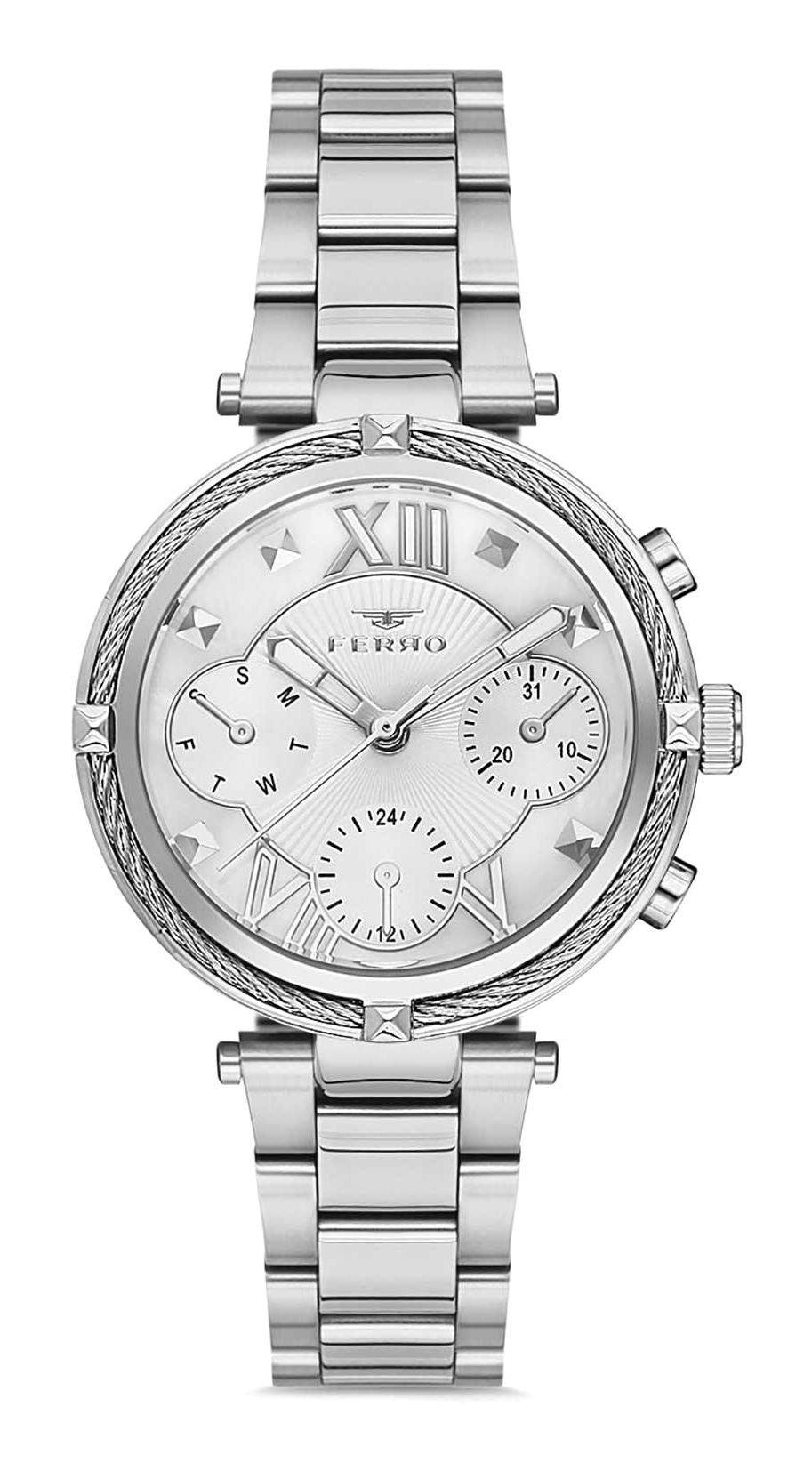 Ferro F2993A-1124-A Takvimli 36 mm Gri Metal Kordon Analog Kadın Kol Saati