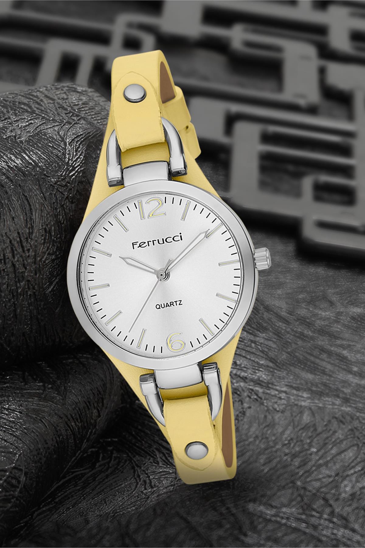 Ferrucci FRK1280 38 mm Sarı Deri Kordon Analog Kadın Kol Saati