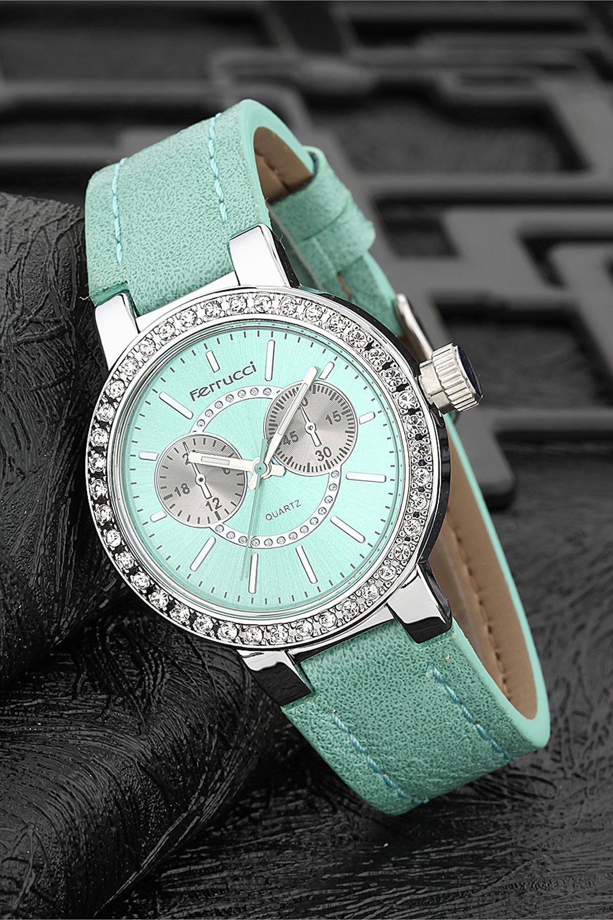 Ferrucci FRK993 36 mm Yeşil Deri Kordon Analog Kadın Kol Saati