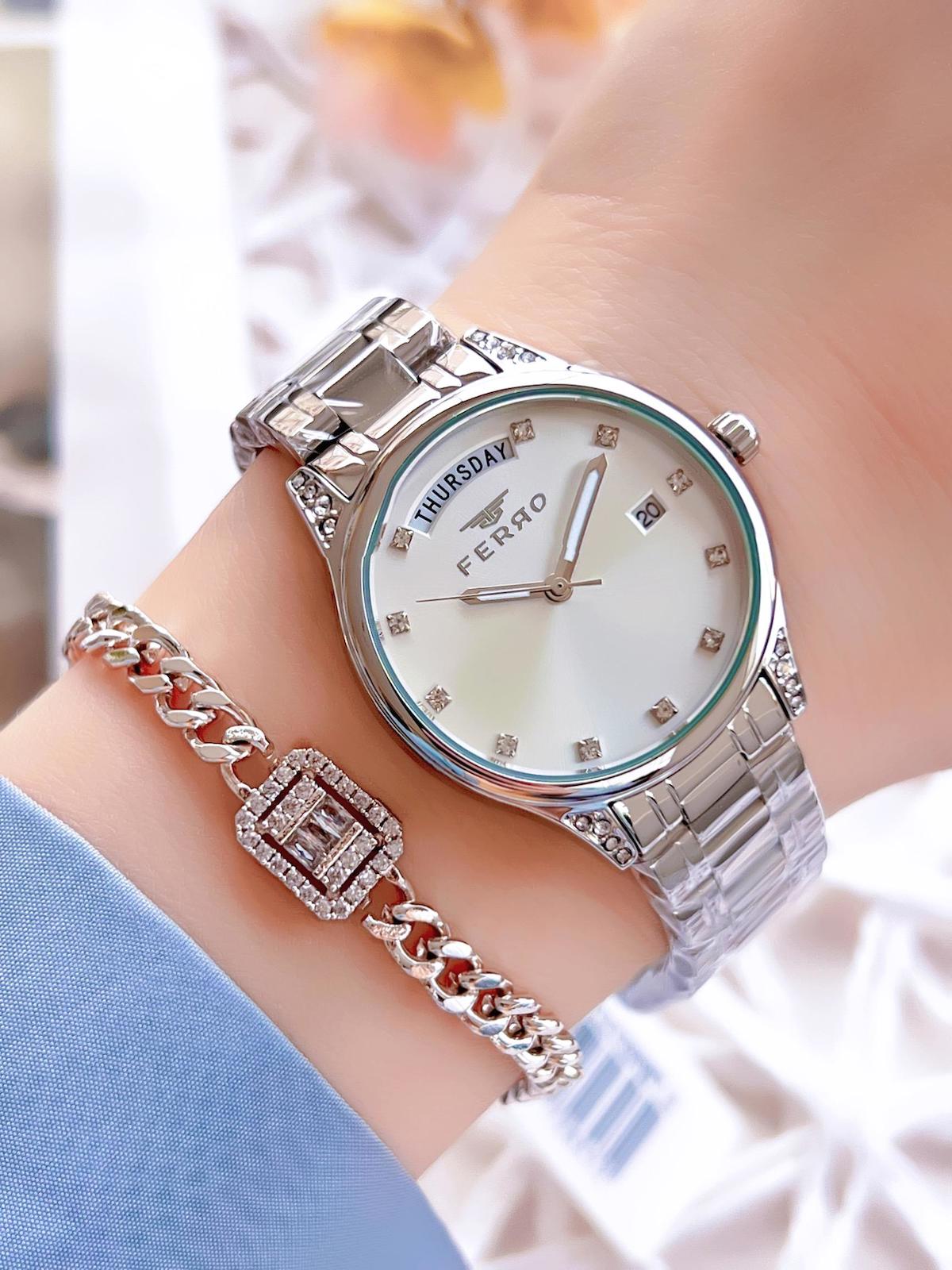 Ferro EFL21439A Takvimli 36 mm Gri Çelik Kordon Analog Kadın Kol Saati