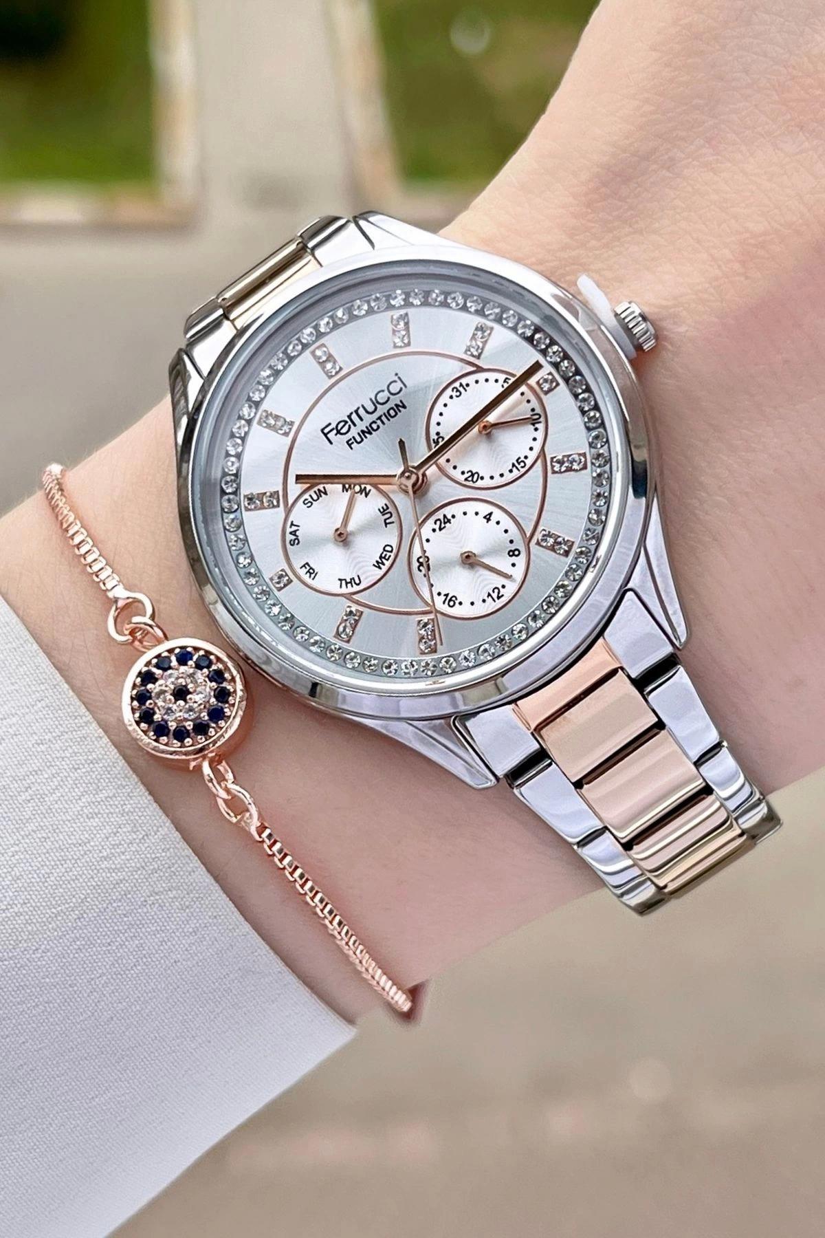 Ferrucci FCISTE277 Takvimli 35 mm Gri-Rose Gold Çelik Kordon Analog Kadın Kol Saati