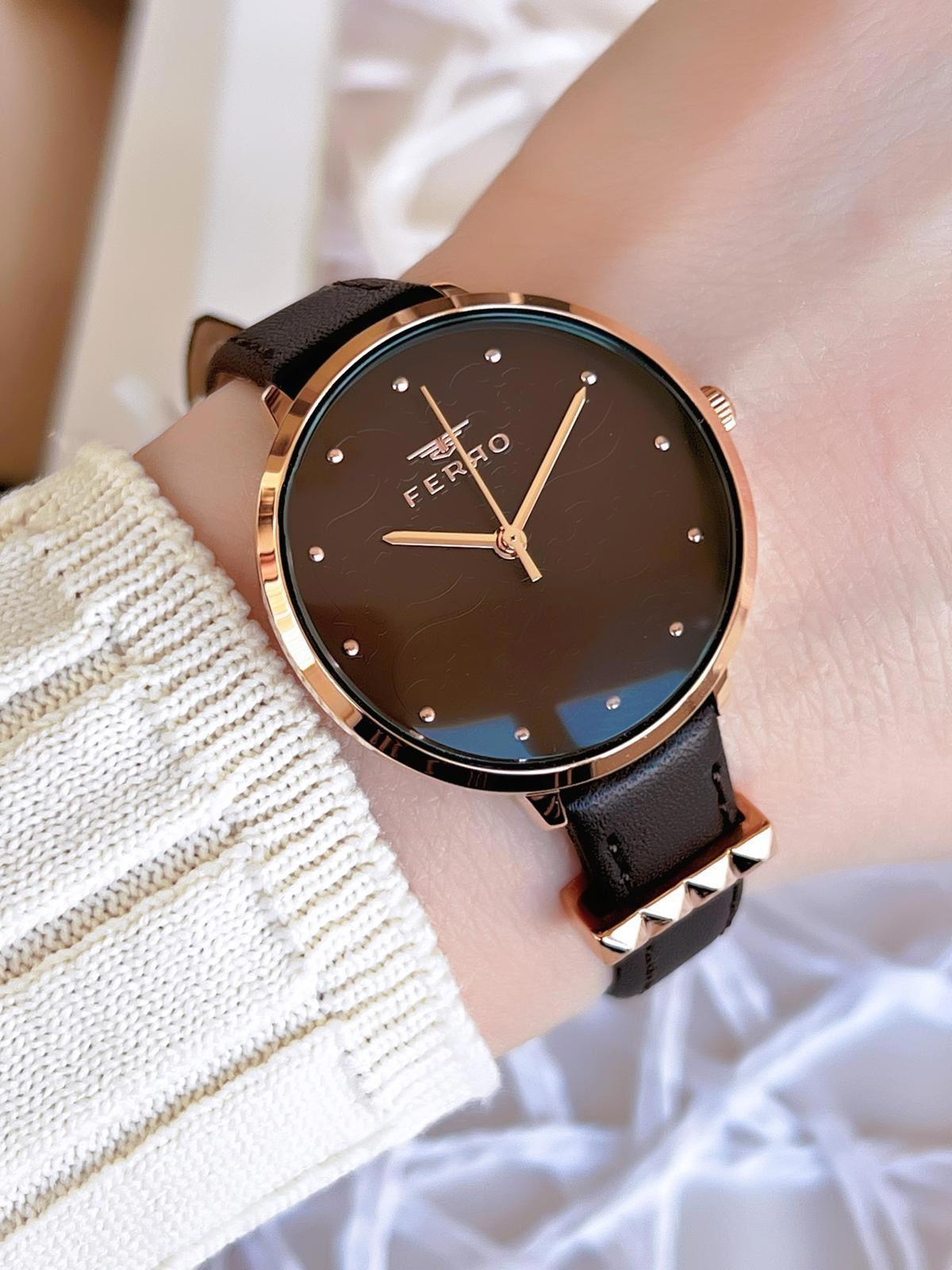 Ferro 2108B-S6 36-40 mm Siyah Deri Kordon Analog Kadın Kol Saati