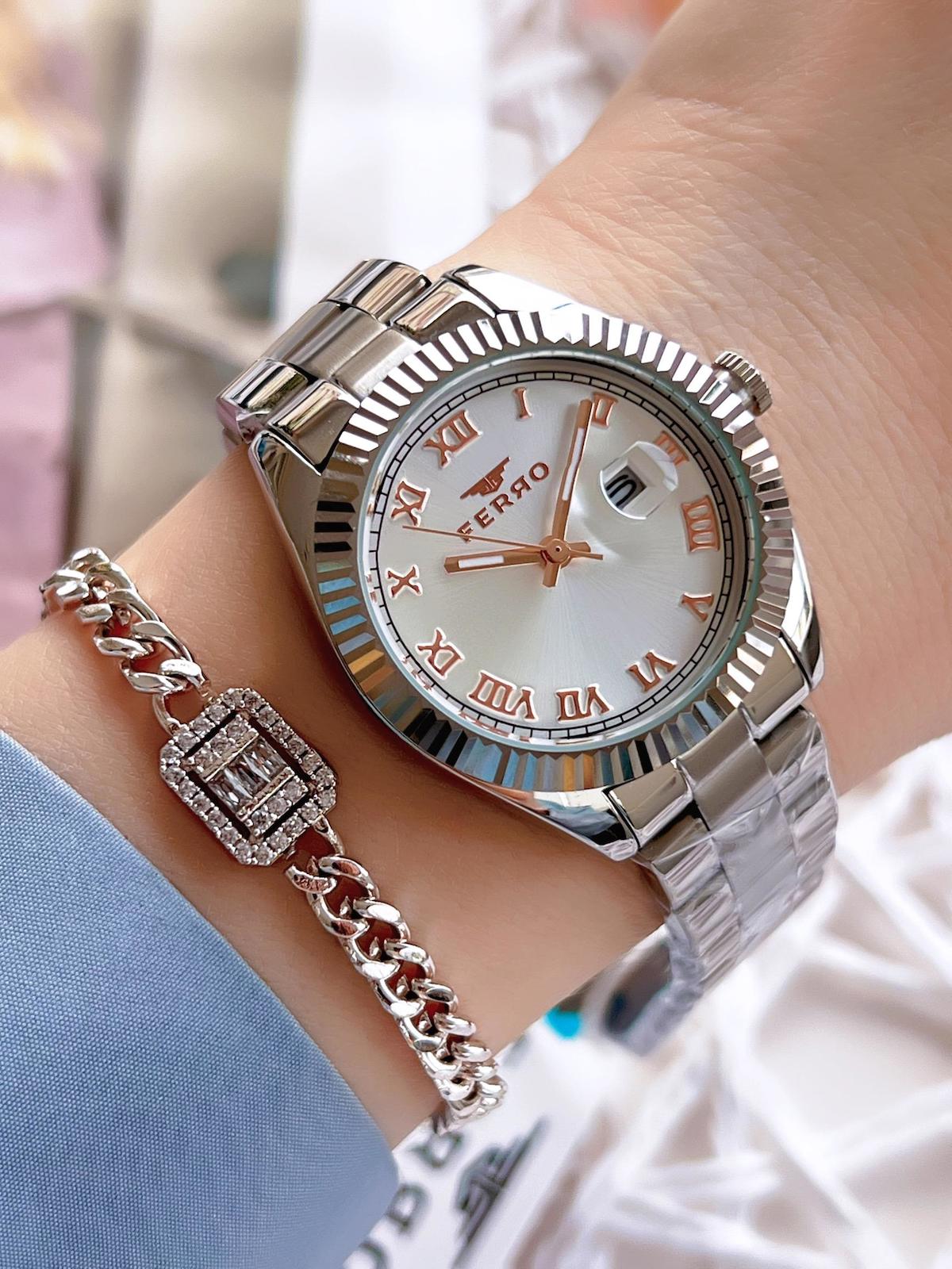 Ferro EFL21295A Takvimli 36 mm Gri Çelik Kordon Analog Kadın Kol Saati