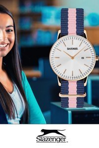 Slazenger SL.09.1984.3.09 Takvimli 32 mm Lacivert - Pembe Kumaş Kordon Analog Kadın Kol Saati