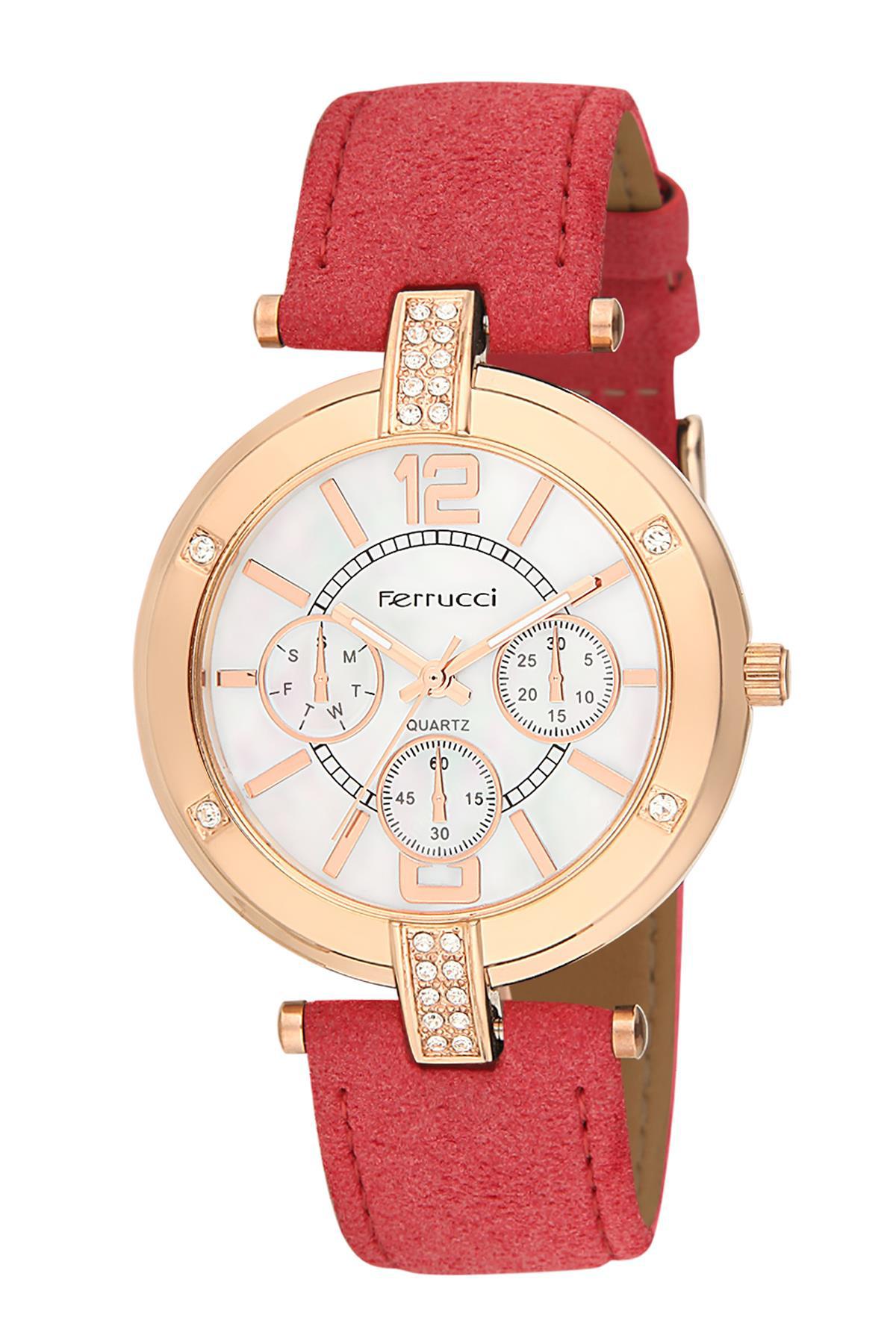 Ferrucci 2FK1347 Takvimli 38 mm Kırmızı Deri Kordon Analog Kadın Kol Saati