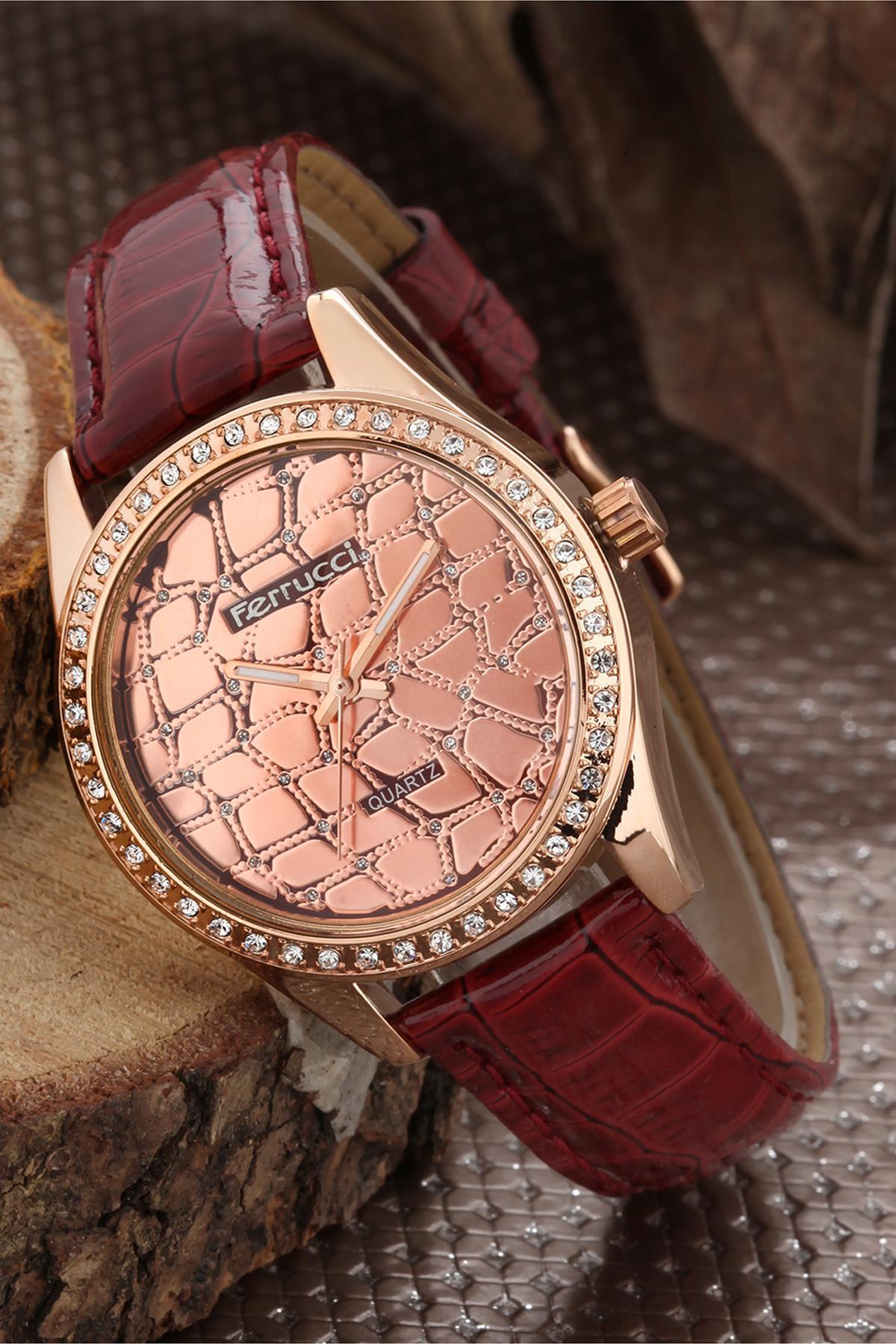 Ferrucci FRK285 36 mm Bordo Deri Kordon Analog Kadın Kol Saati