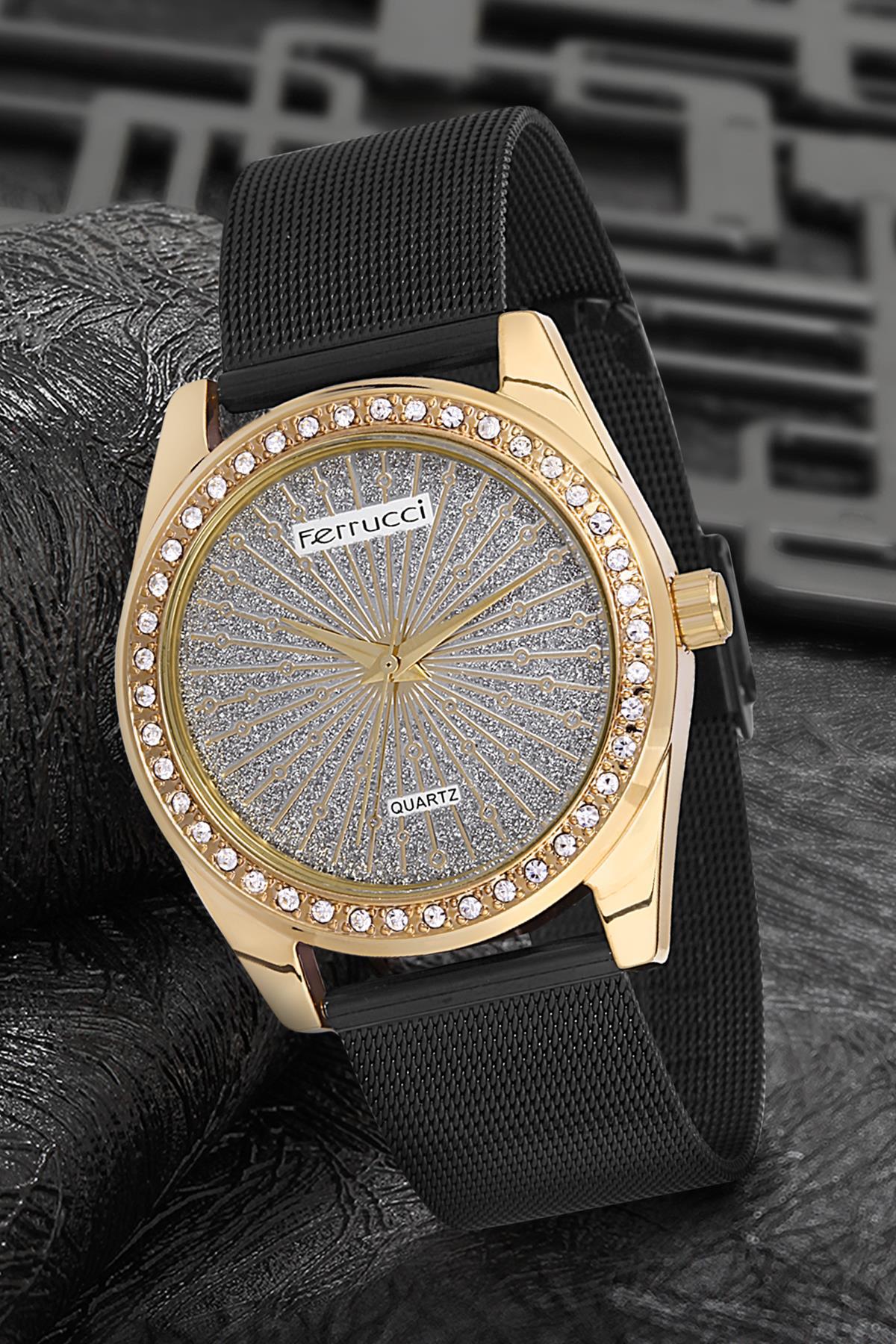 Ferrucci 9FM1527 38 mm Siyah Çelik-Hasır Kordon Analog Kadın Kol Saati