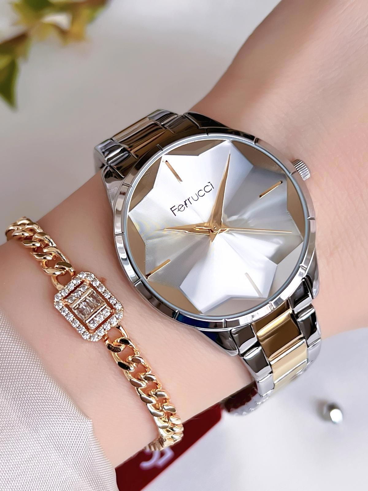 Ferrucci 36 mm Gri-Sarı Çelik Kordon Analog Kadın Kol Saati