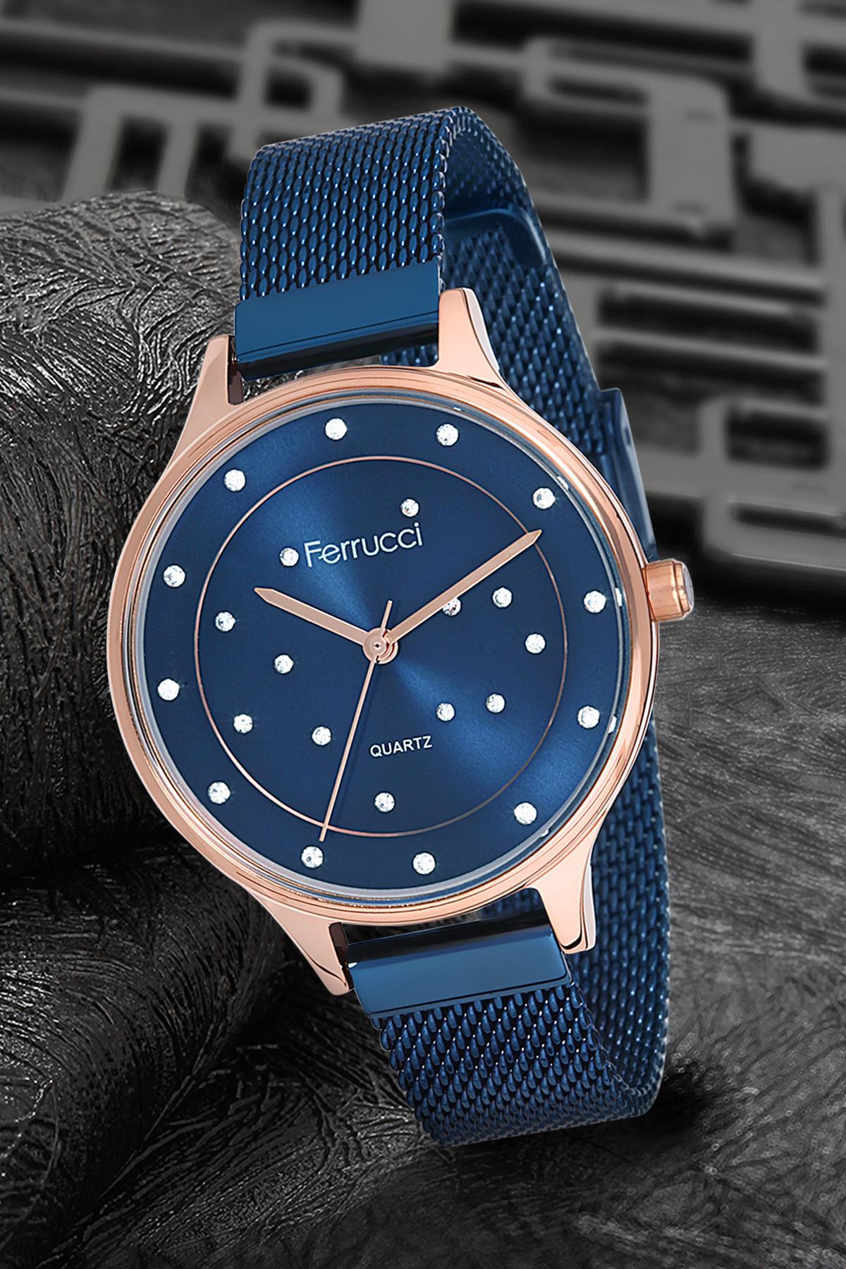 Ferrucci 9FM1553 38 mm Lacivert Çelik-Hasır Kordon Analog Kadın Kol Saati
