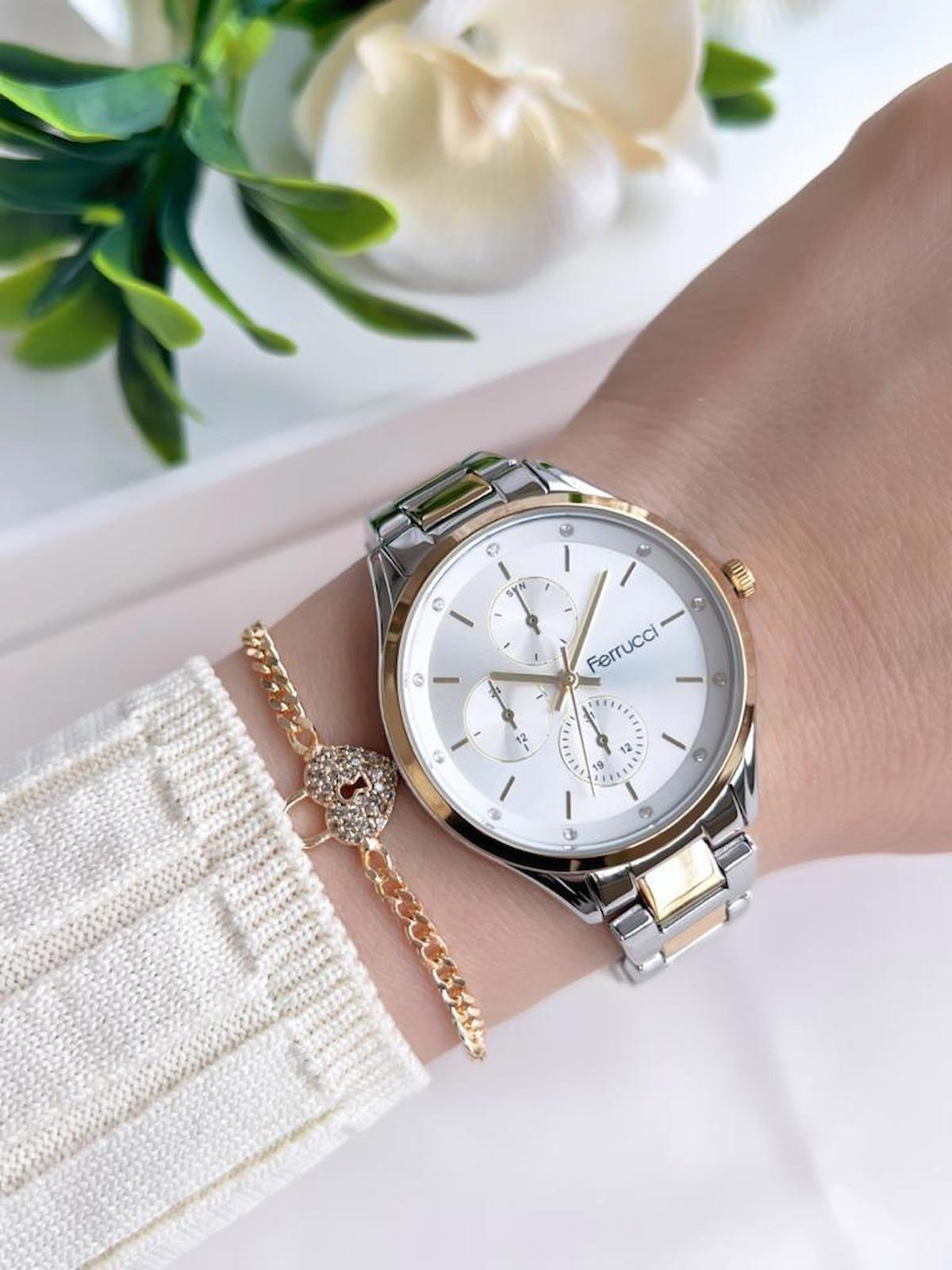 Ferrucci BLKT.1.543 Takvimli 38 mm Gri-Sarı Çelik Kordon Analog Kadın Kol Saati