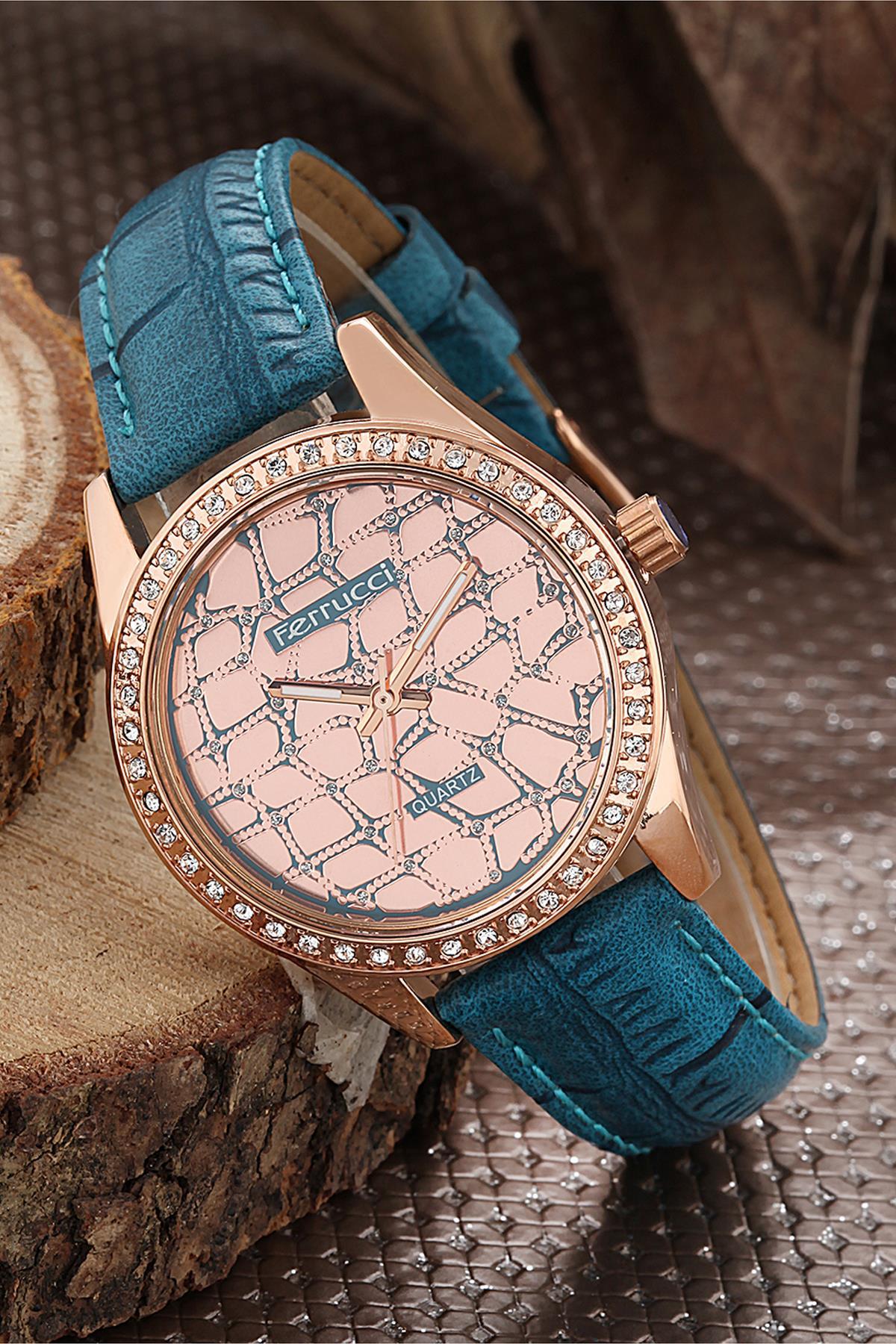 Ferrucci FRK283 36 mm Mavi Deri Kordon Analog Kadın Kol Saati