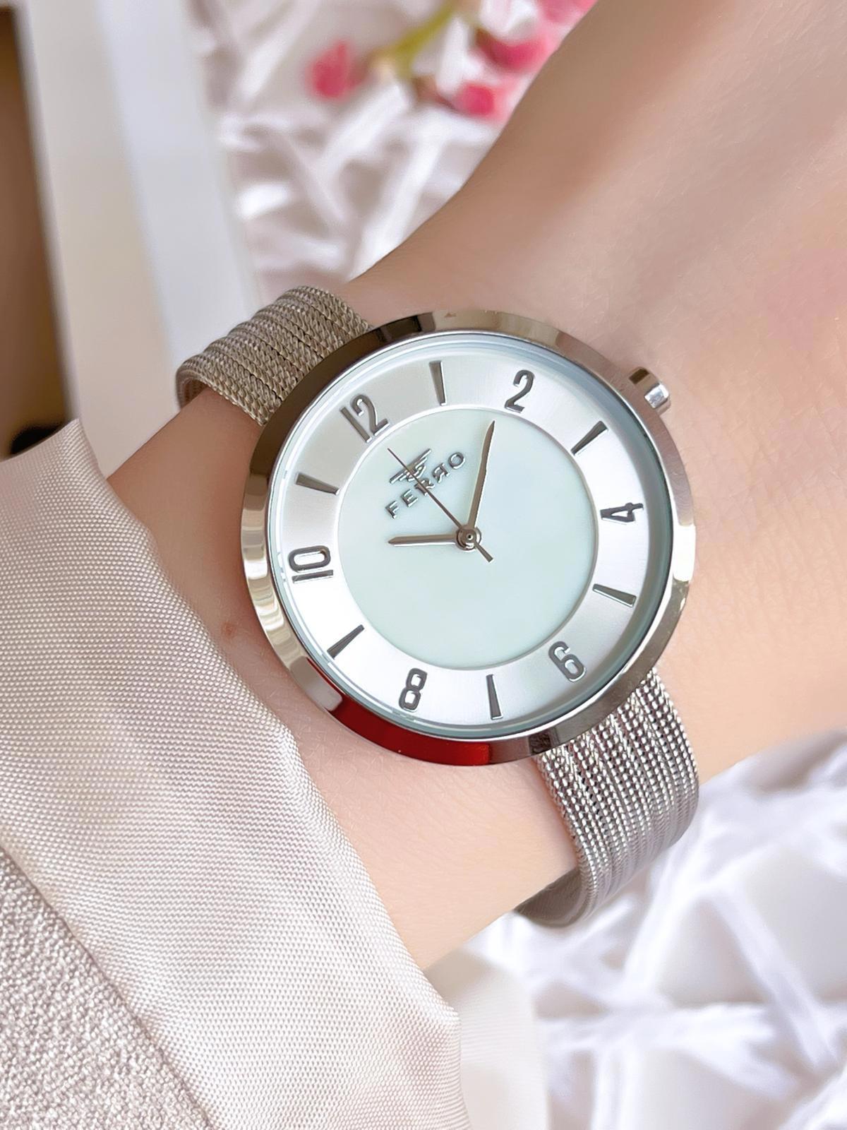 Ferro 1908 36 mm Gri Hasır Kordon Analog Kadın Kol Saati