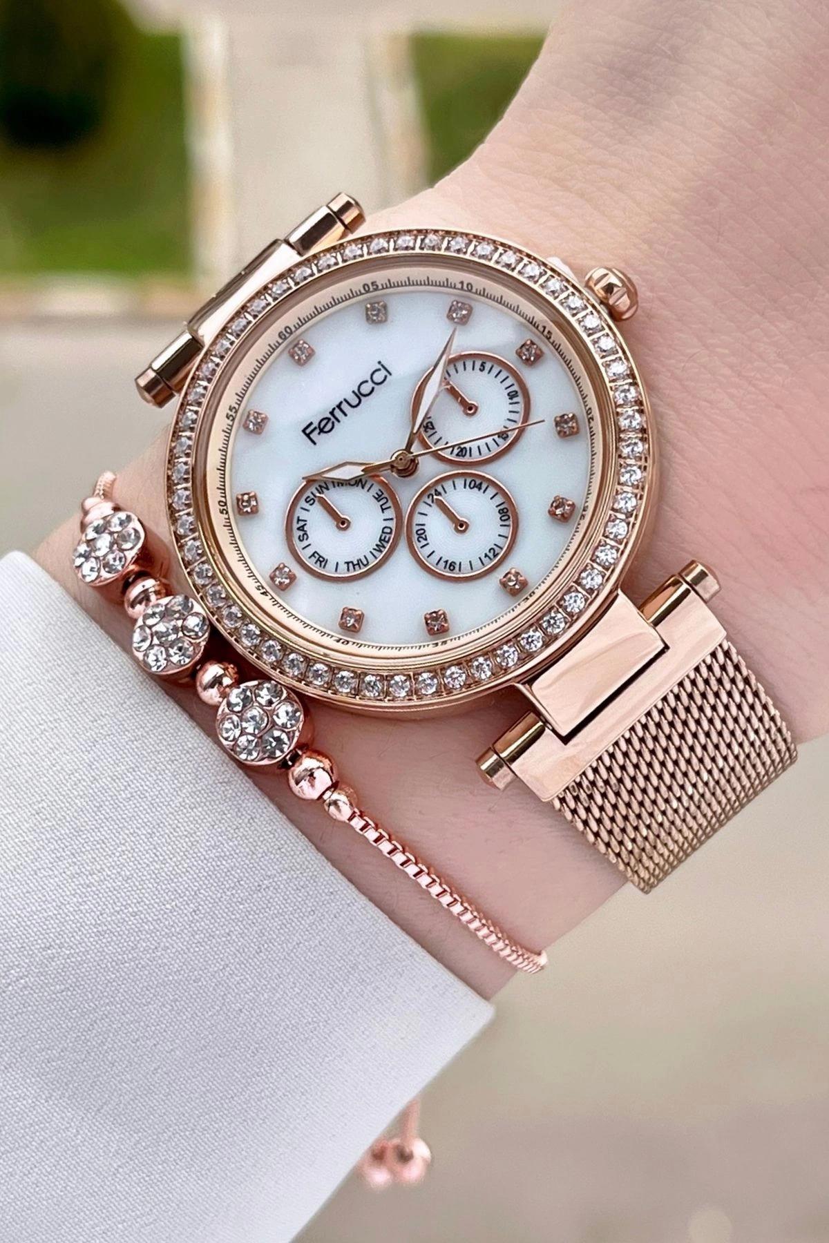 Ferrucci FCISTE278 Takvimli 35 mm Rose Gold Çelik Kordon Analog Kadın Kol Saati
