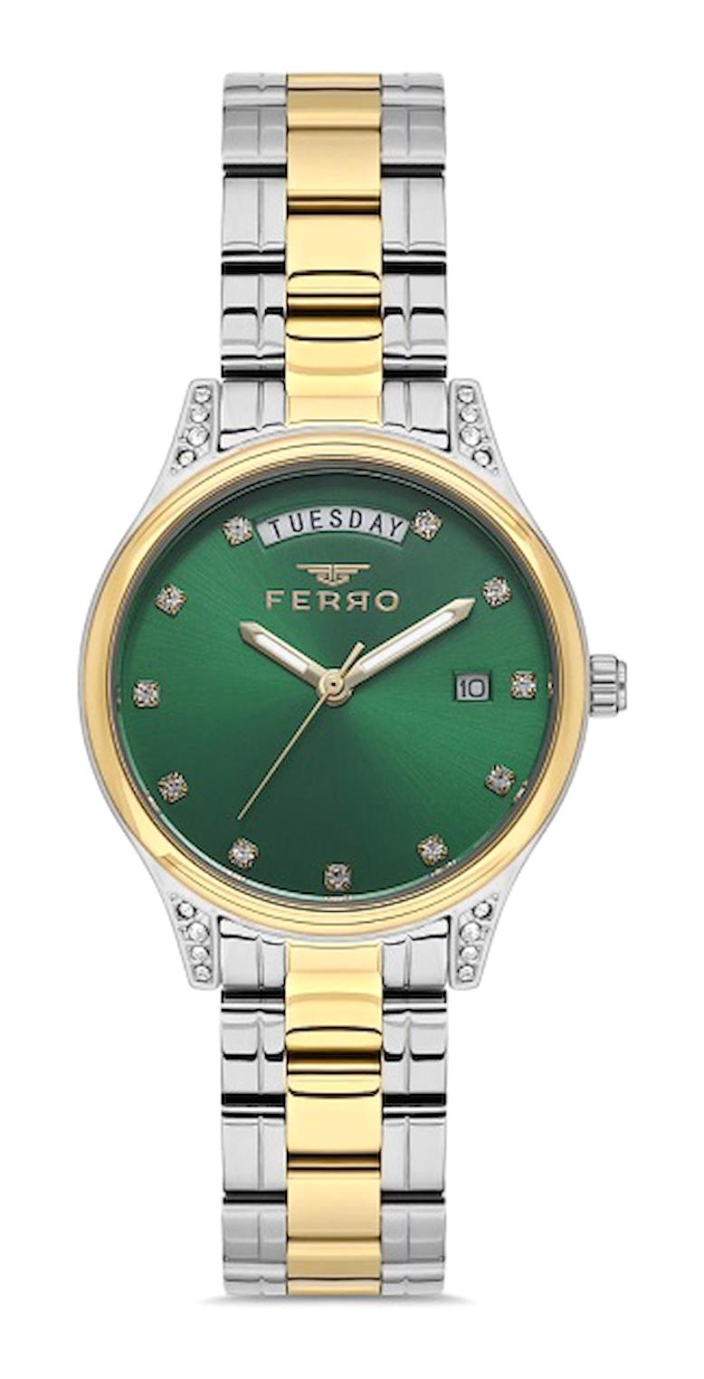 Ferro FL21439A-D6 Takvimli 34 mm Altın-Gri Metal Kordon Analog Kadın Kol Saati