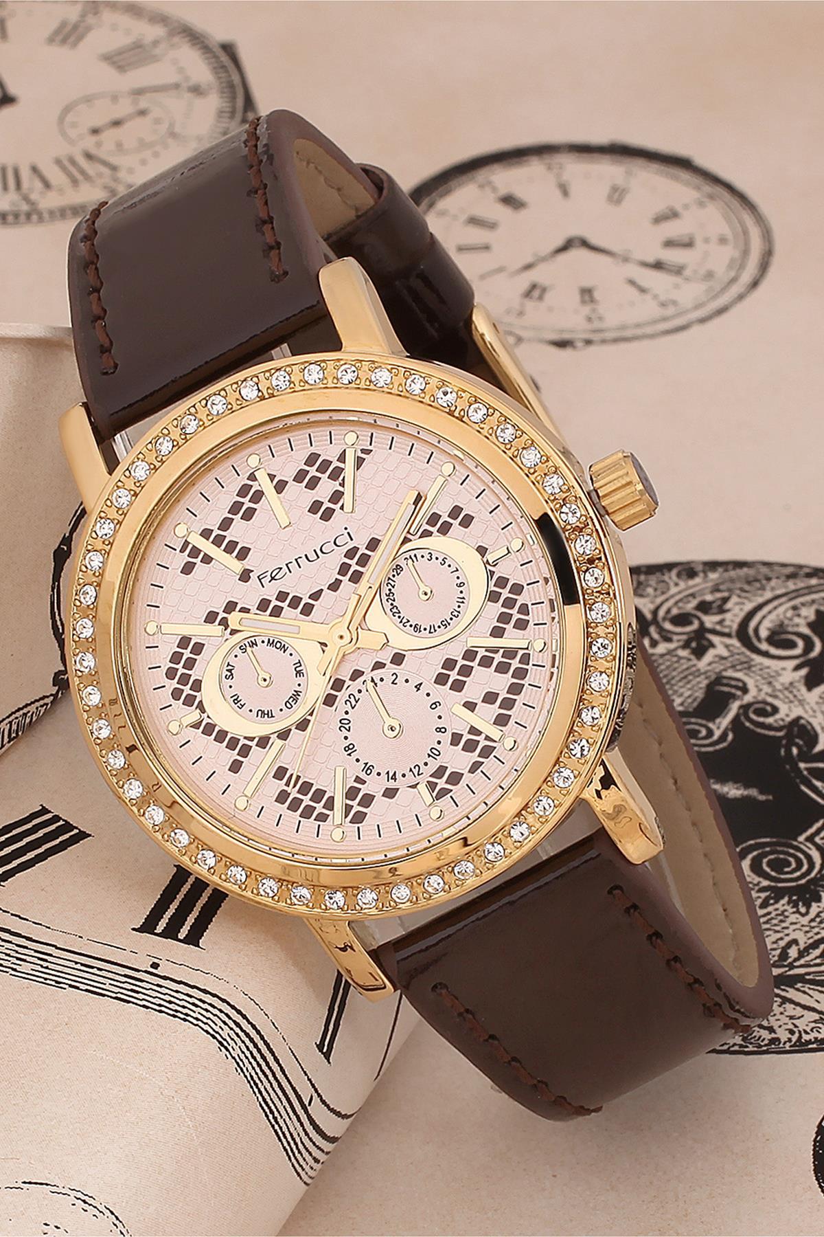 Ferrucci FRK188 36 mm Kahverengi Deri Kordon Analog Kadın Kol Saati