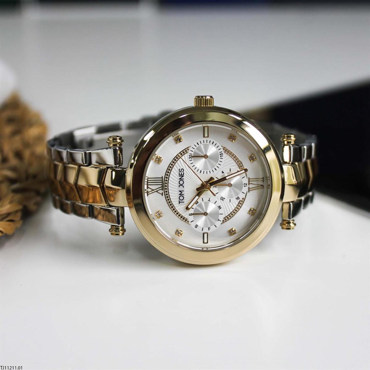 Tom Jones TJ.11211.01 Takvimli 36 mm Altın-Gri Çelik Kordon Analog Kadın Kol Saati