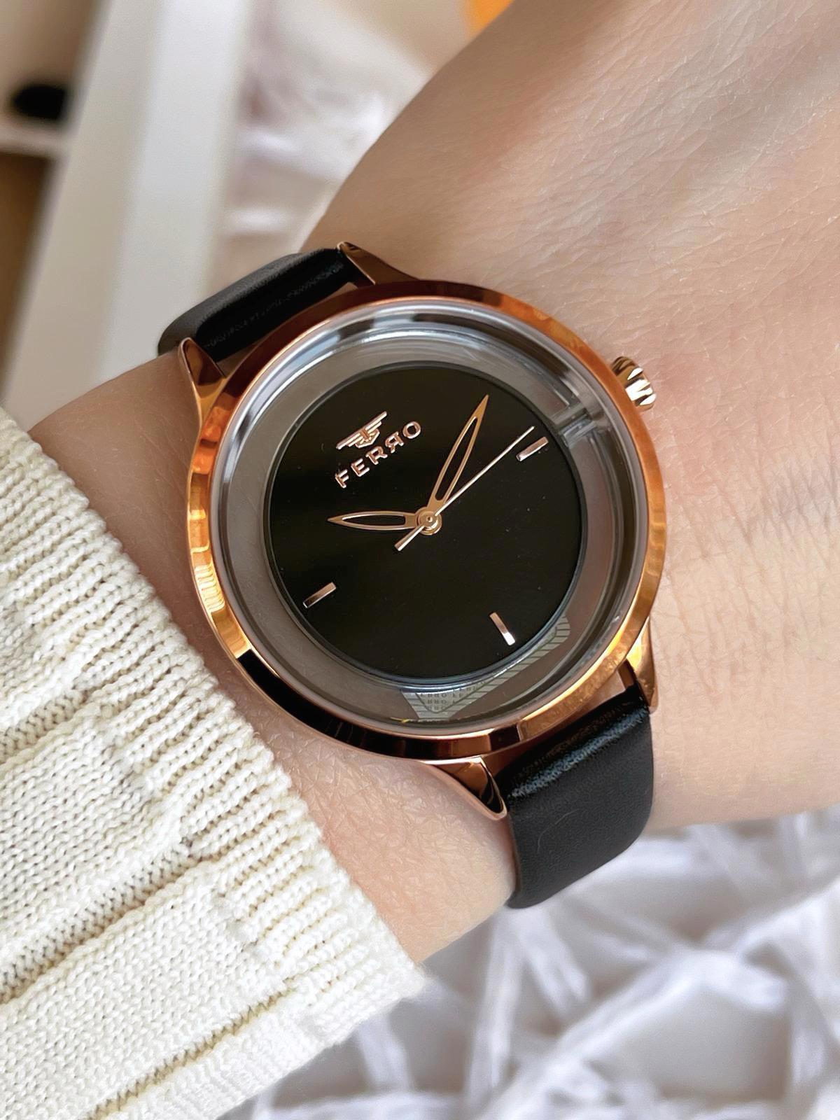 Ferro 21234B-R 36-40 mm Siyah Deri Kordon Analog Kadın Kol Saati