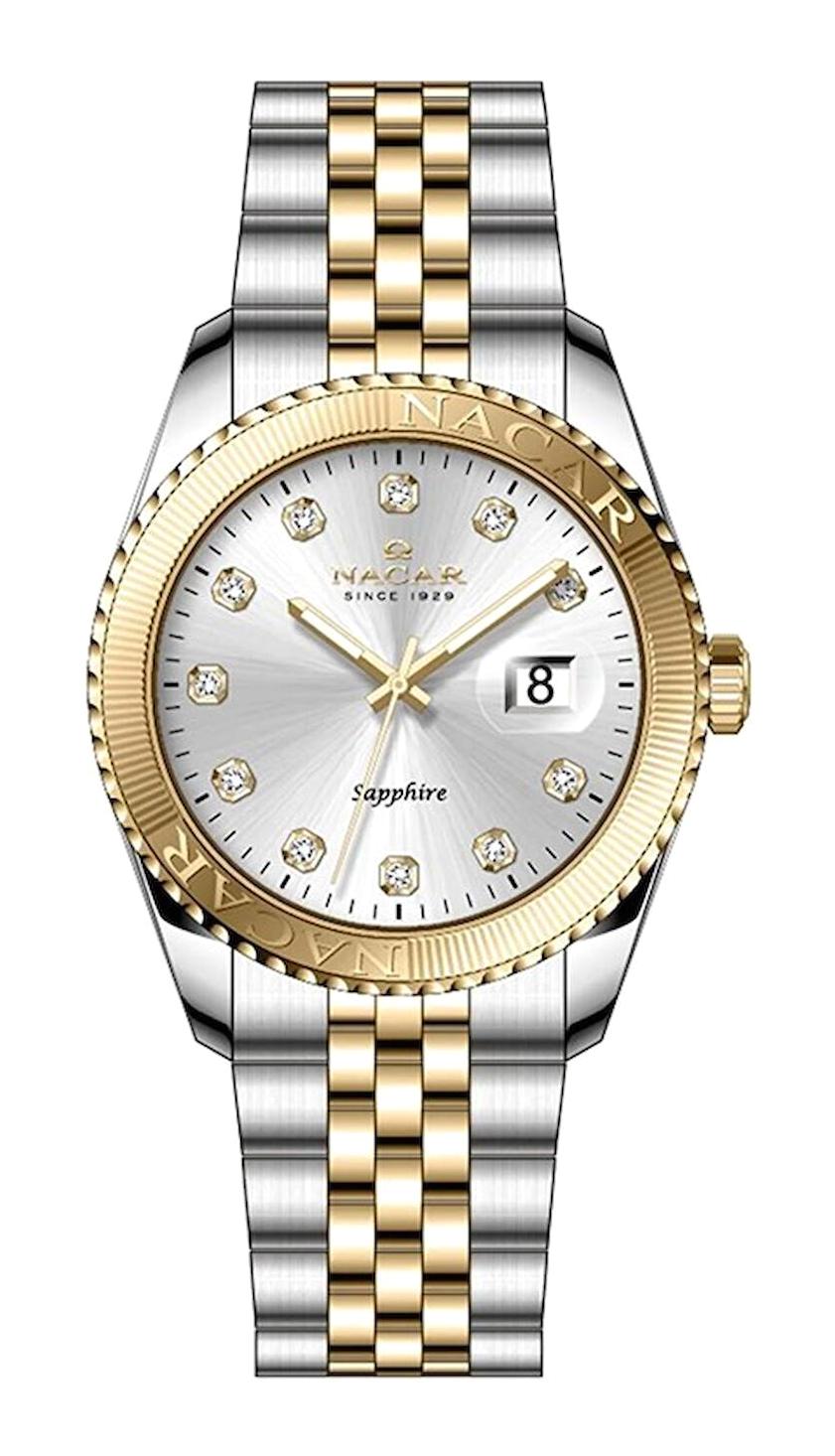 Nacar NC33-398351-CSMS Takvimli 33 mm Altın-Gri Çelik Kordon Analog Kadın Kol Saati
