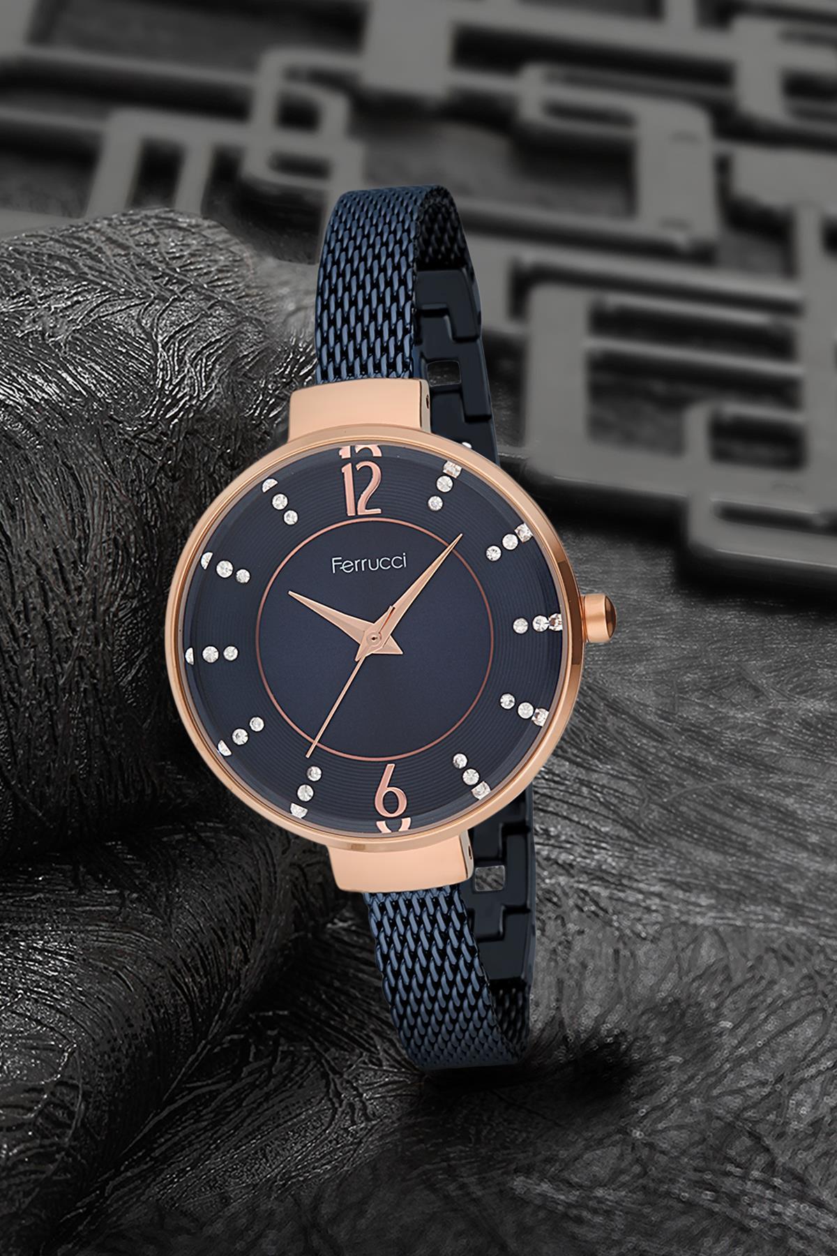 Ferrucci 9FM2439 38 mm Lacivert Çelik-Hasır Kordon Analog Kadın Kol Saati