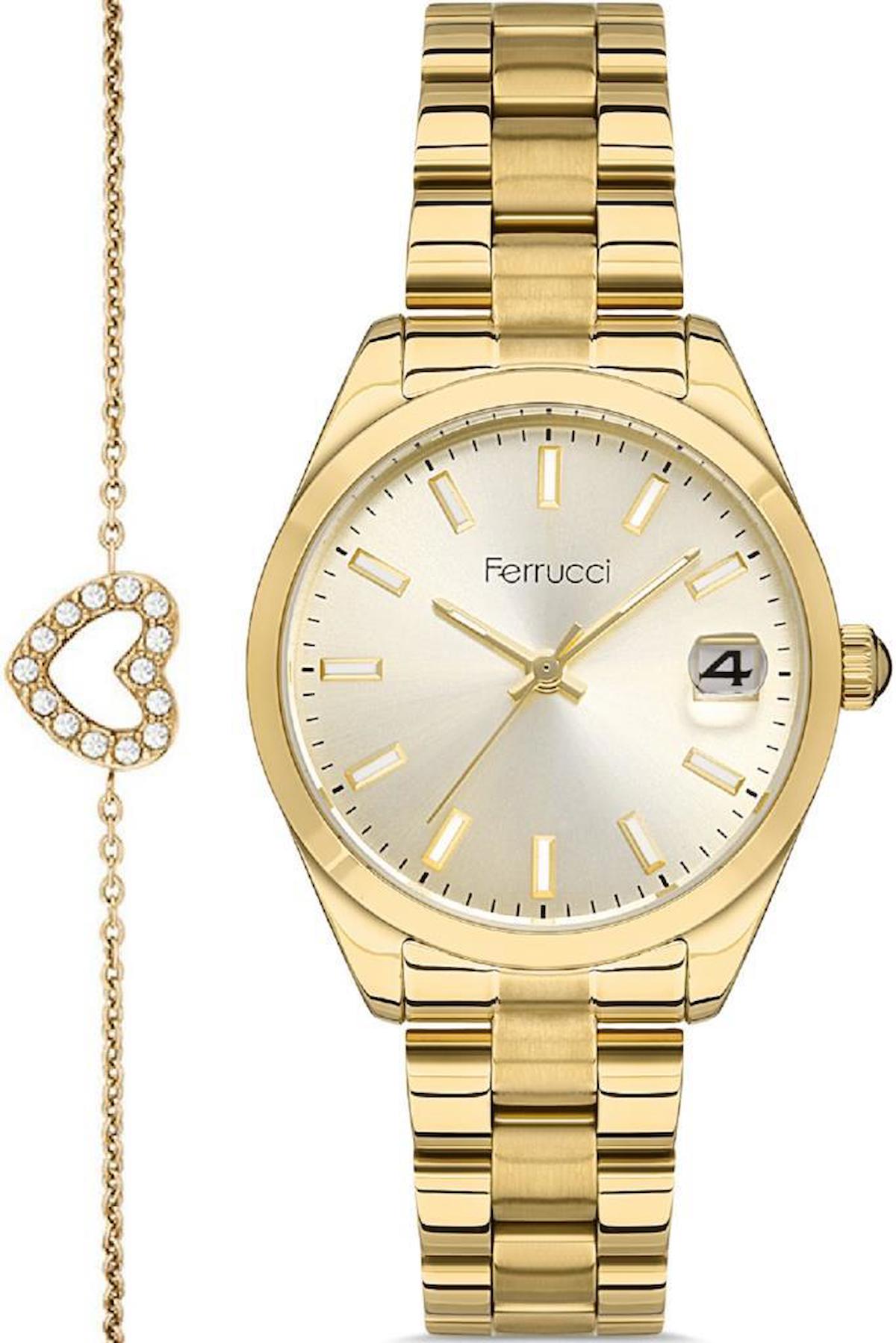 Ferrucci FC.0223.13276M.02 Takvimli 36 mm Altın Çelik Kordon Analog Kadın Kol Saati