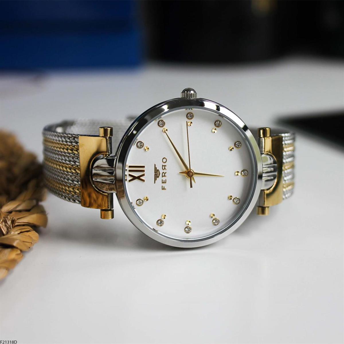 Ferro F21318D 36 mm Altın-Gri Çelik Kordon Analog Kadın Kol Saati