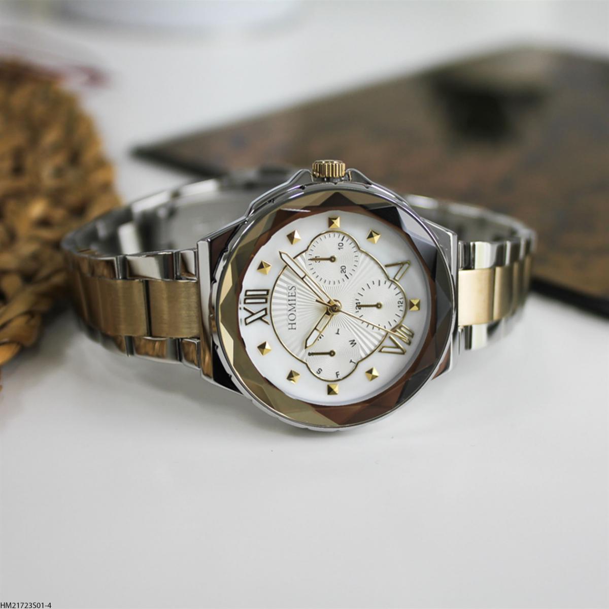 Homies HM21723S01-4 Takvimli 35 mm Altın-Gri Çelik Kordon Analog Kadın Kol Saati