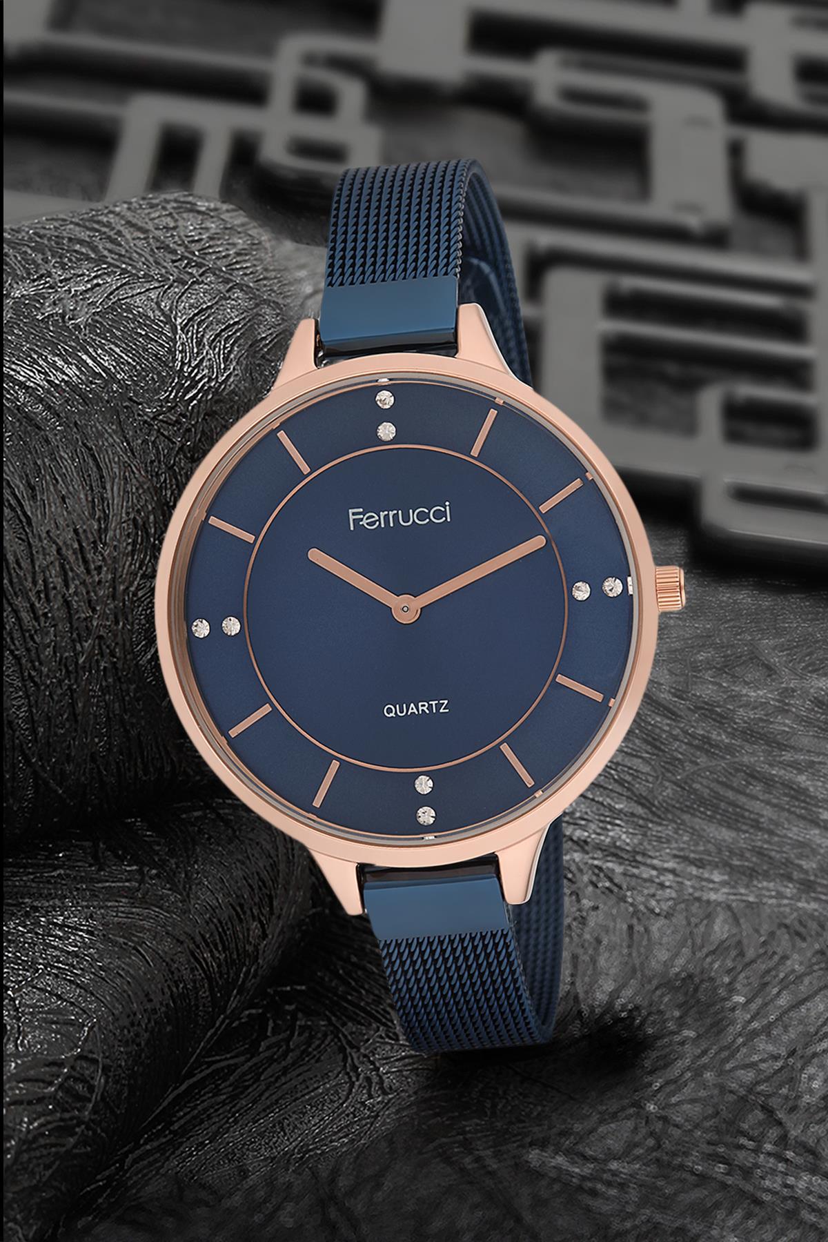 Ferrucci 9FM2428 38 mm Lacivert Çelik-Hasır Kordon Analog Kadın Kol Saati