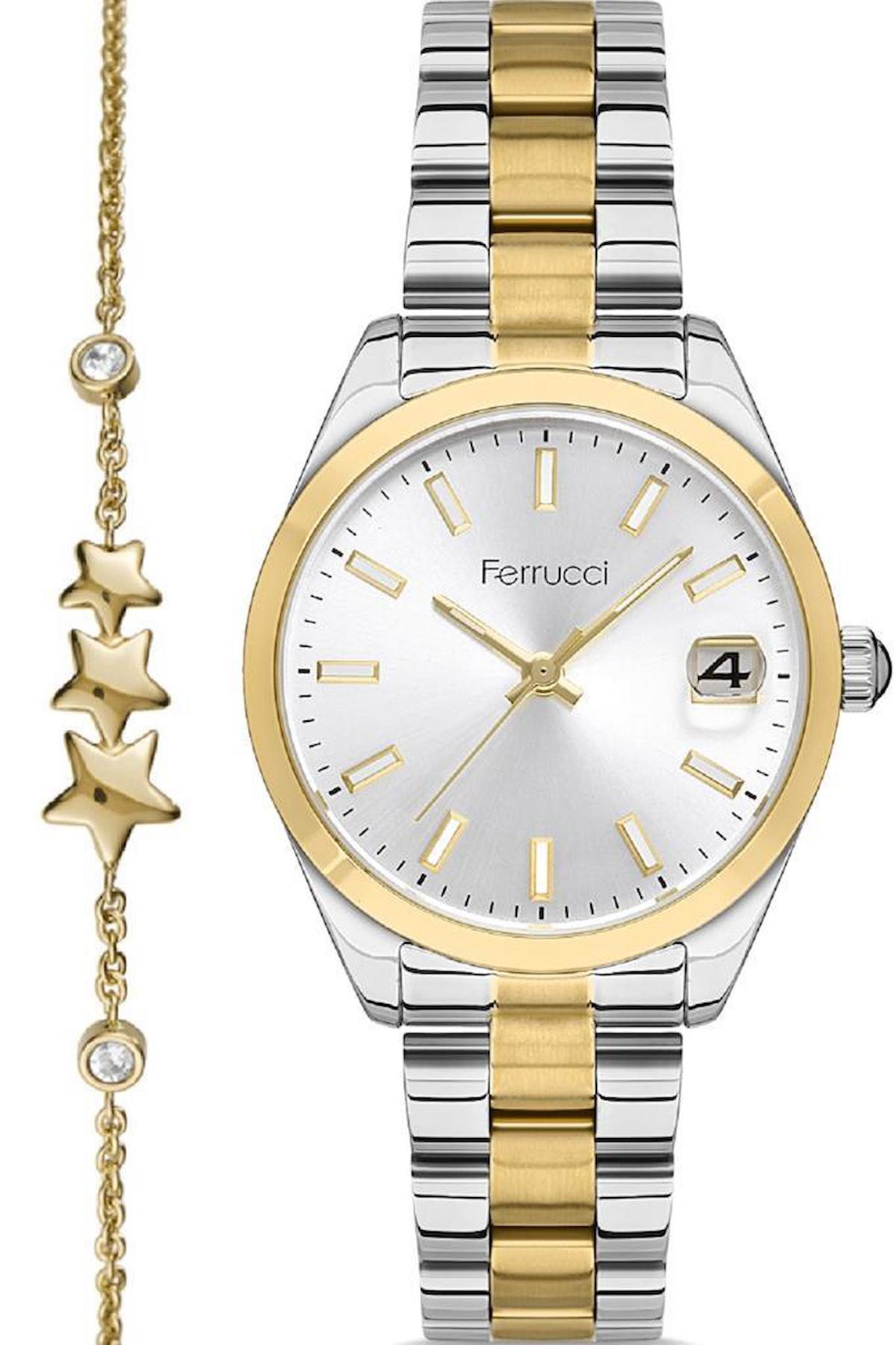 Ferrucci FC.0223.13276M.05 Takvimli 36 mm Altın-Gri Çelik Kordon Analog Kadın Kol Saati