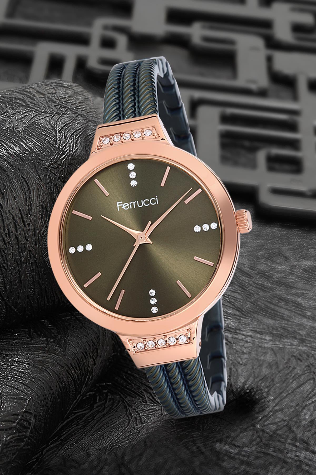 Ferrucci 9FM1510 38 mm Siyah Çelik-Hasır Kordon Analog Kadın Kol Saati