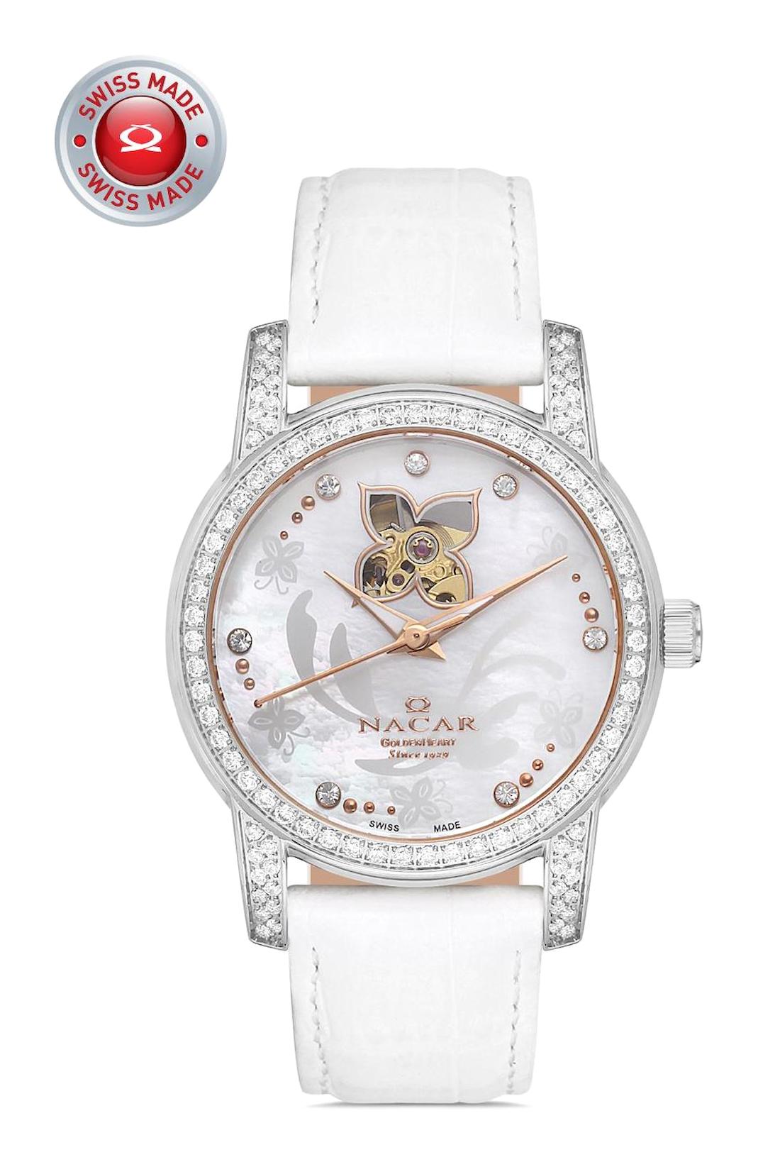 Nacar 0239SS22-AMRL11 36 mm Beyaz Deri Kordon Analog Kadın Kol Saati