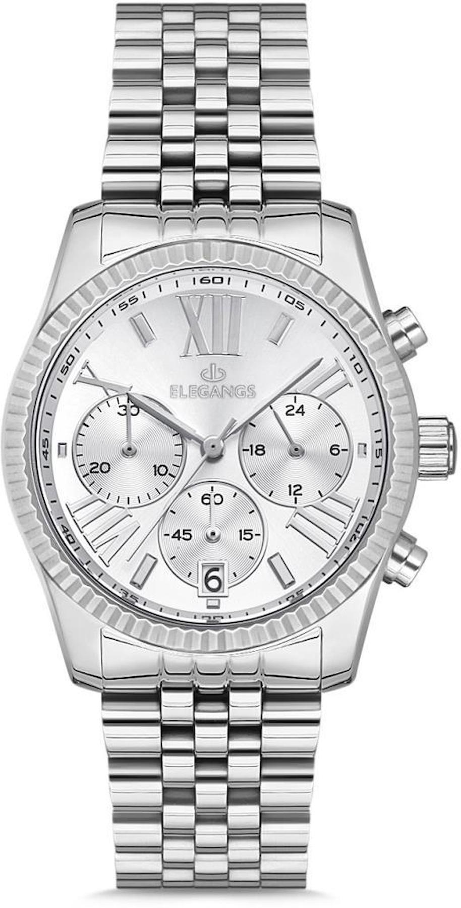 Elegangs EL2436.1 Takvimli 38 mm Gri Çelik Kordon Analog Kadın Kol Saati