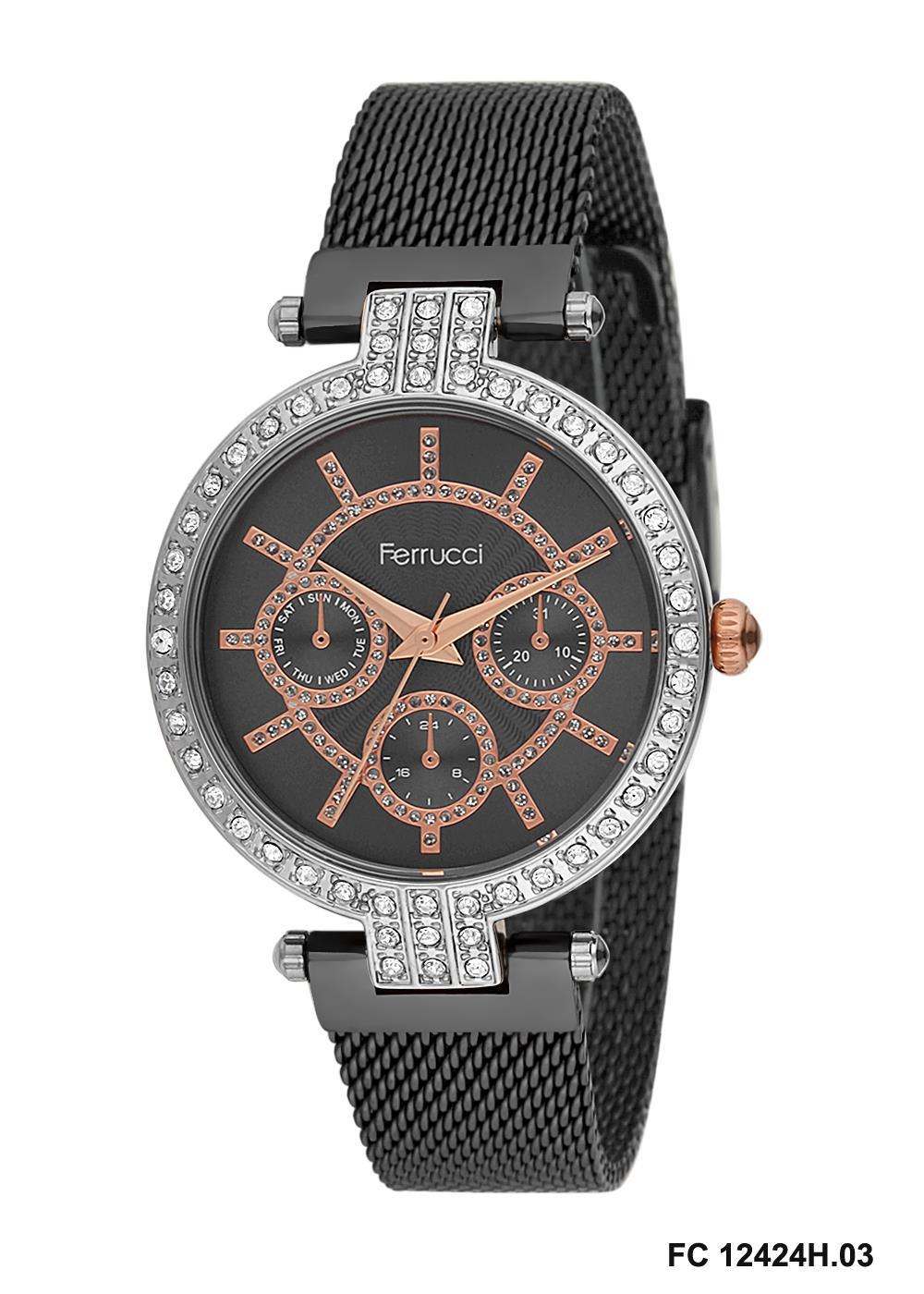 Ferrucci 9FM524 38 mm Siyah Çelik-Hasır Kordon Analog Kadın Kol Saati