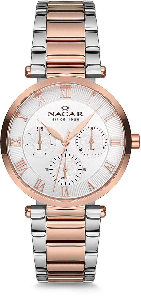 Nacar 34-390318-ESM Takvimli 34 mm Gri-Rose Gold Metal Kordon Analog Kadın Kol Saati