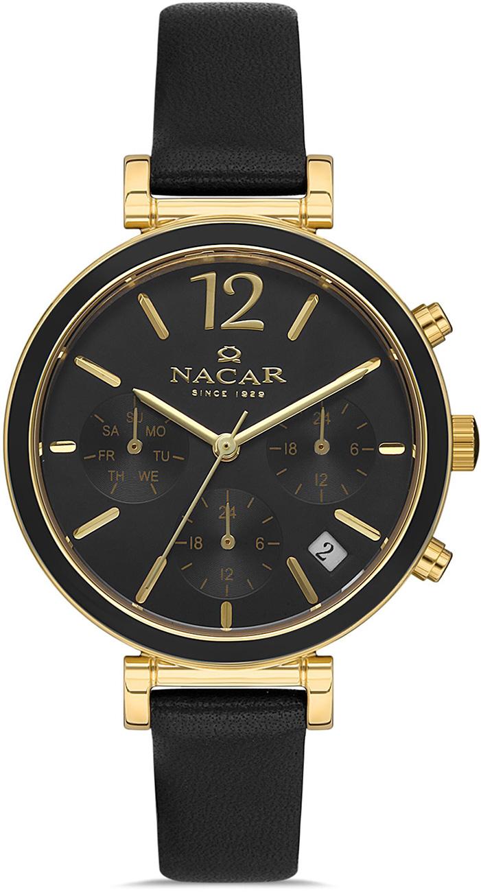 Nacar NC36-391052-DBL1 Takvimli 35 mm Altın-Siyah Deri Kordon Analog Kadın Kol Saati