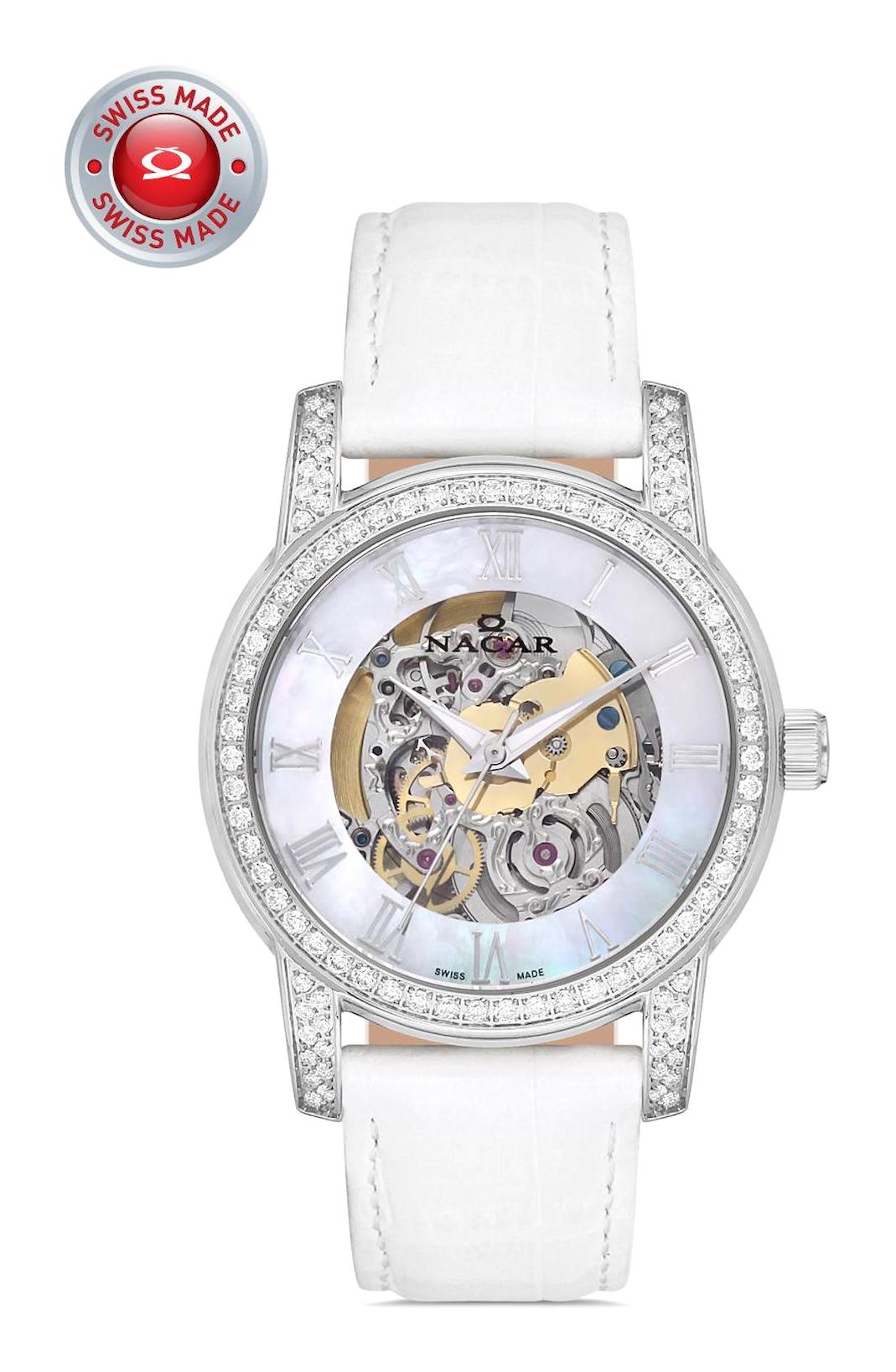 Nacar 0239SS141-AML11 36 mm Beyaz Deri Kordon Analog Kadın Kol Saati