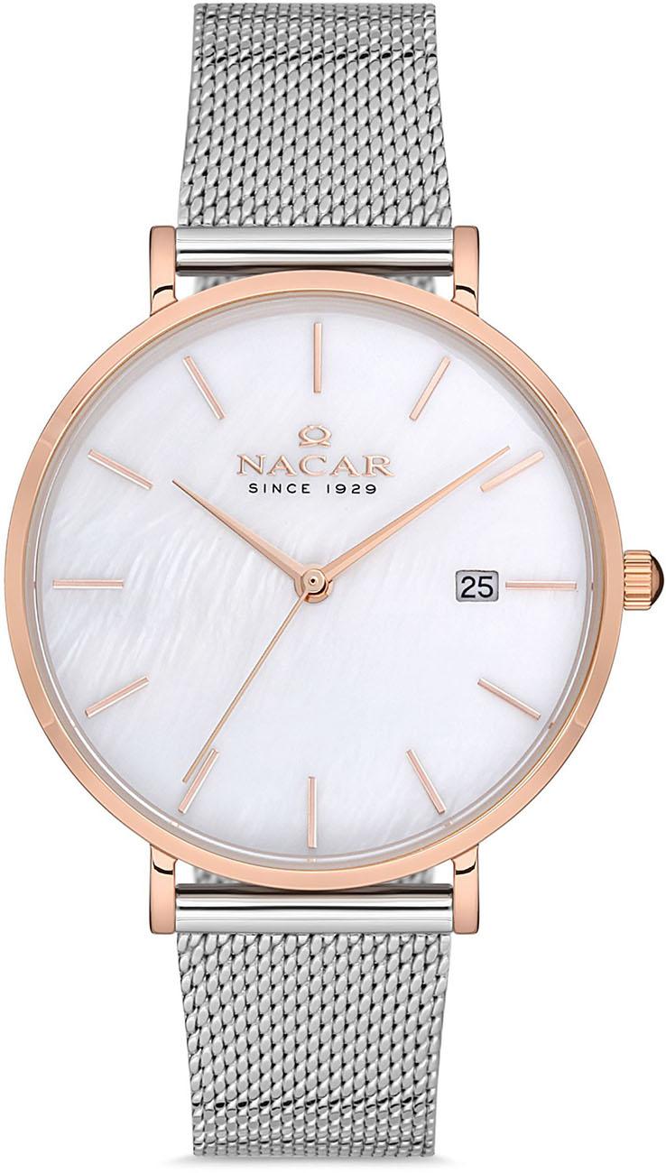 Nacar 33-398091-EWM Takvimli 35 mm Gri Hasır Kordon Analog Kadın Kol Saati