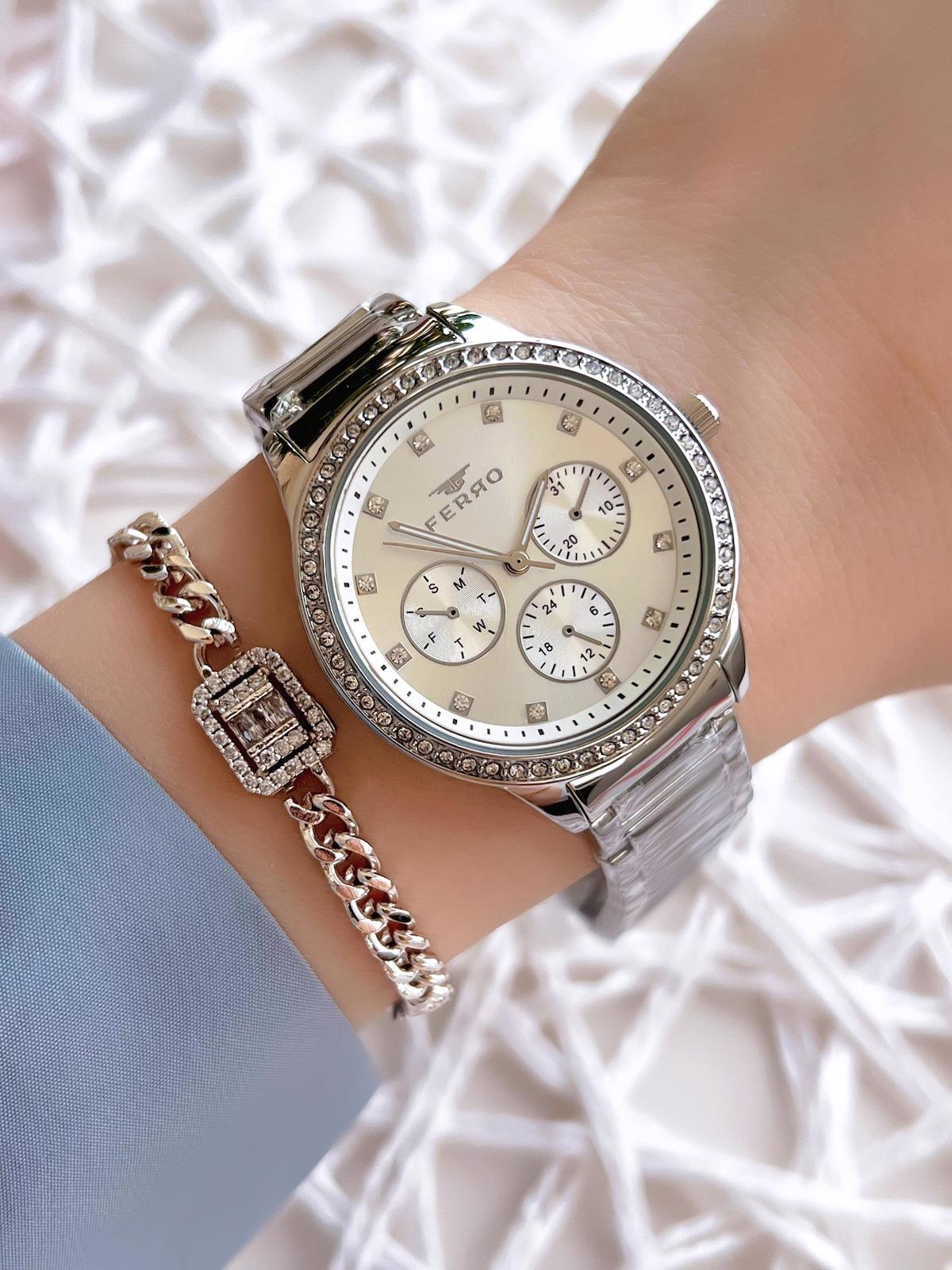 Ferro EFL21077A Takvimli 36 mm Gri Çelik Kordon Analog Kadın Kol Saati