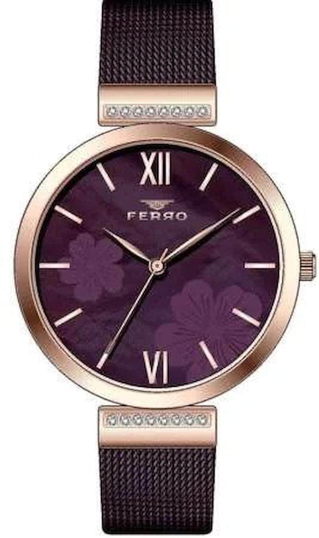 Ferro TH-F21209C-ZC 42 mm Mor Hasır Kordon Analog Kadın Kol Saati