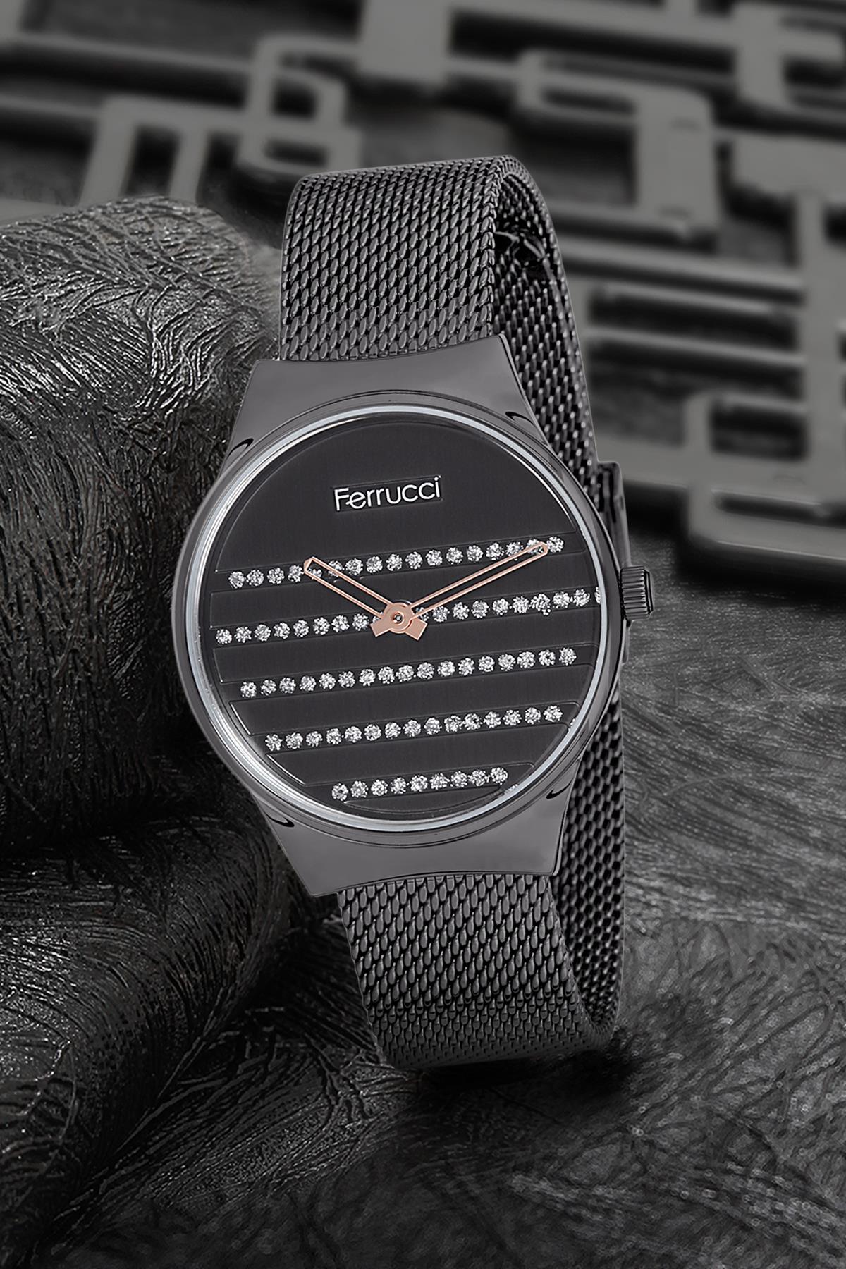 Ferrucci 9FM2444 38 mm Siyah Çelik-Hasır Kordon Analog Kadın Kol Saati