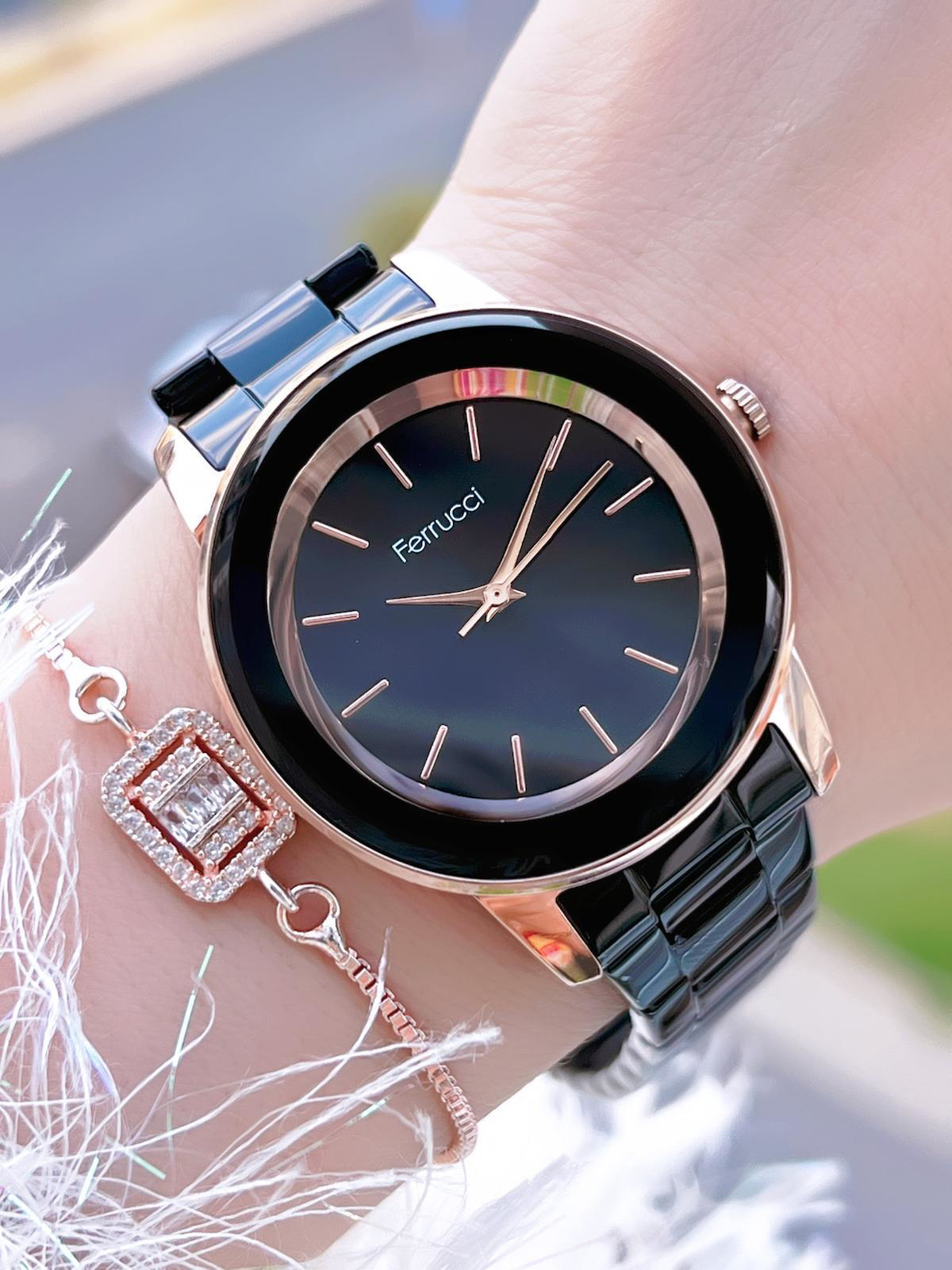 Ferrucci 32-34 mm Siyah Çelik Kordon Analog Kadın Kol Saati