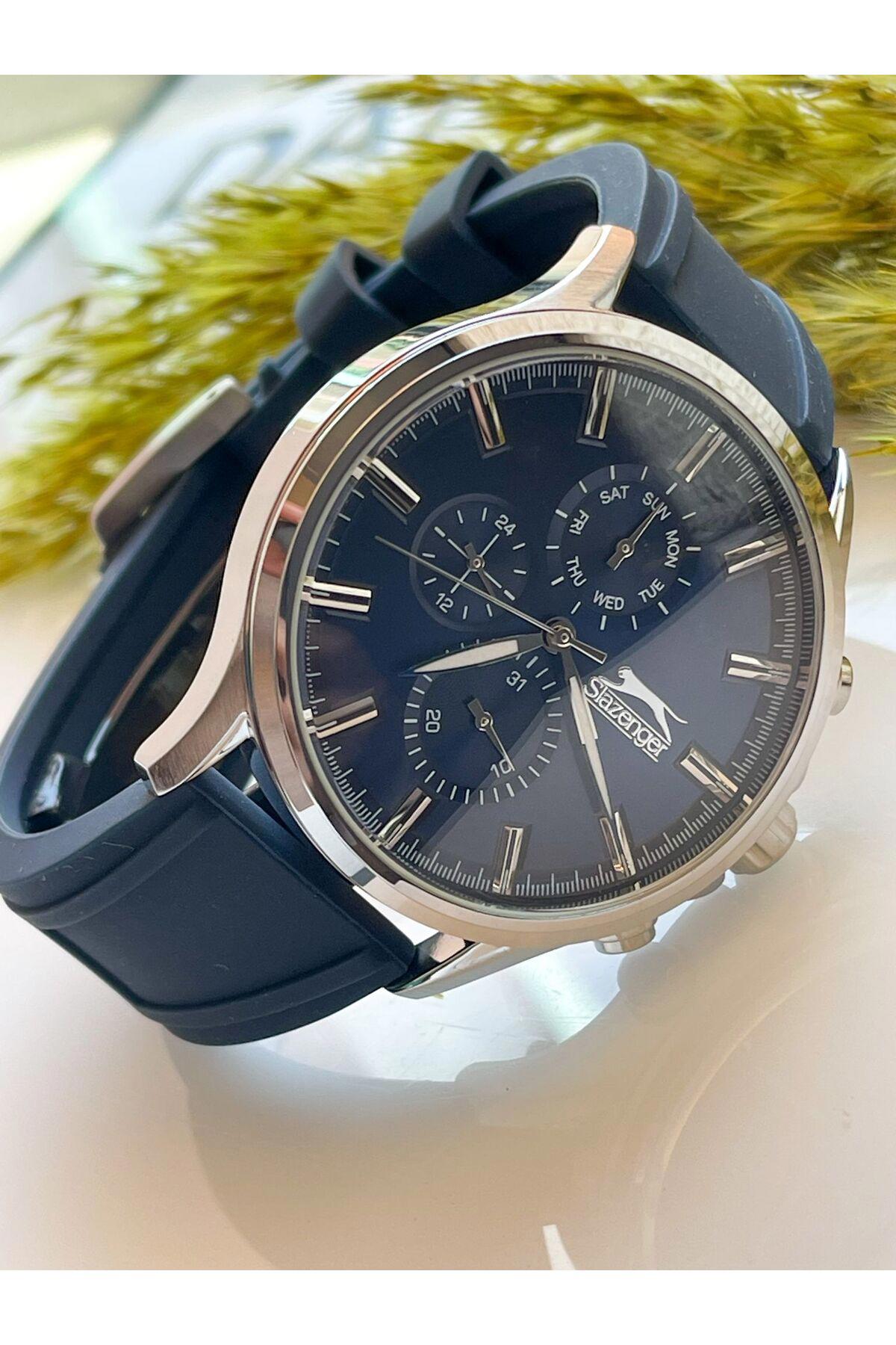 Slazenger SL.09.1927.2.04 Takvimli 45 mm Lacivert Deri Kordon Analog Erkek Kol Saati