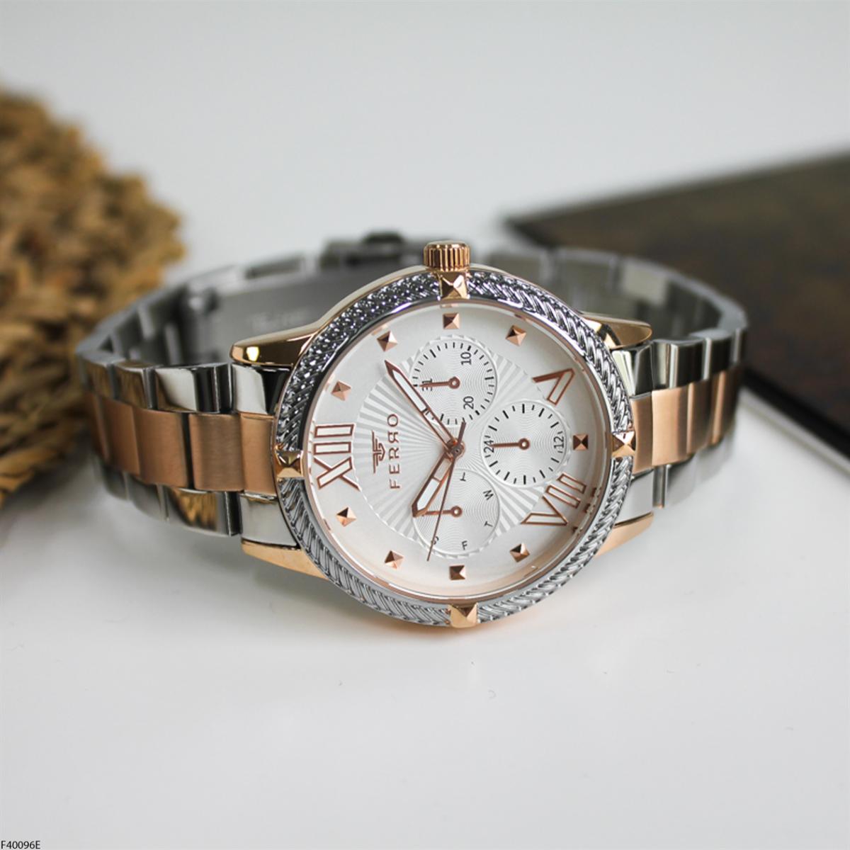 Ferro F40096E Takvimli 36 mm Gri-Rose Gold Metal Kordon Analog Kadın Kol Saati